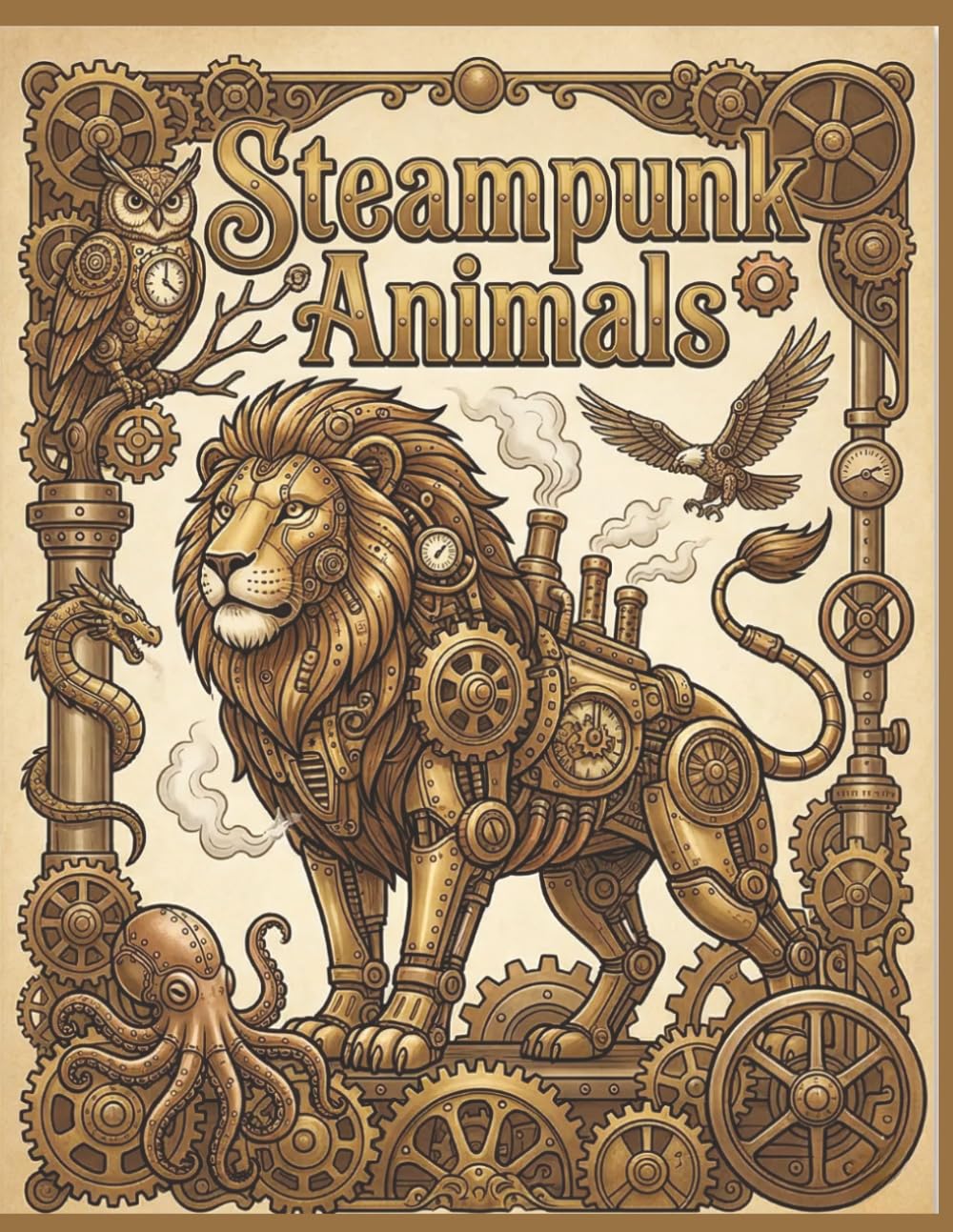 Steampunk Animals: Simple Retro-Futuristic Designs for Adults and Seniors; Large Print Mechanical Creatures for Relaxation and Stress Relief