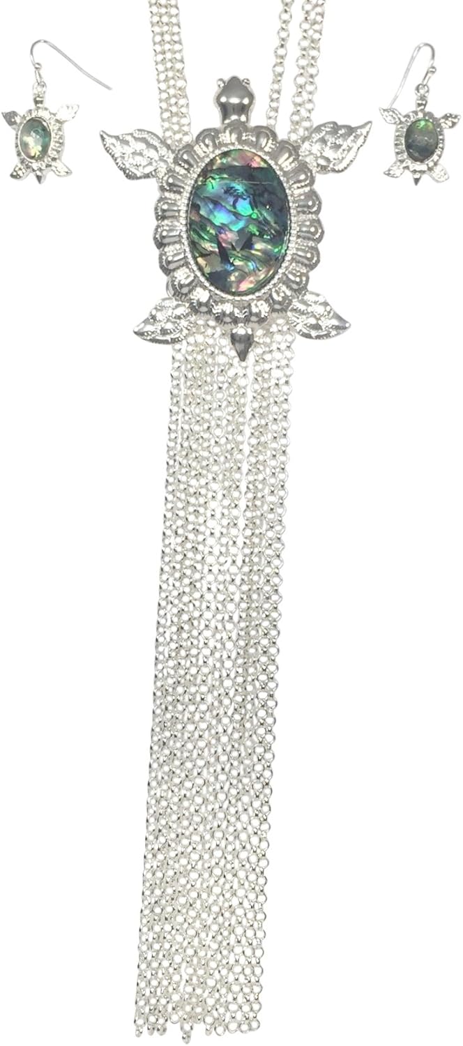 Gypsy Jewels Unique Seaturtle Foil Center Chain Fringe Tassel Silver Tone Necklace & Earrings Set