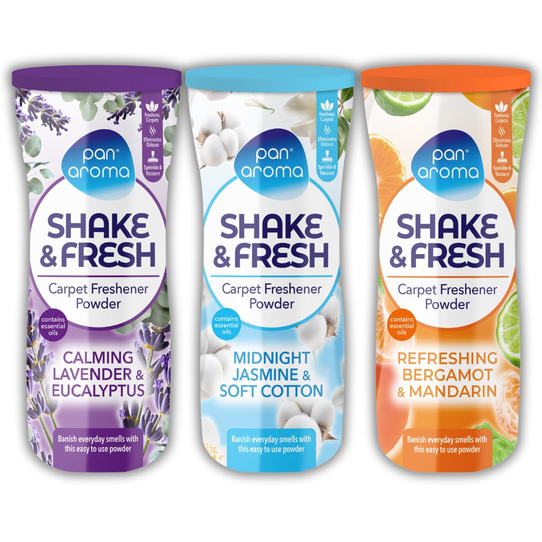 New Pan Aroma Shake and Fresh - Ambientador en polvo para alfombras, 500 g x 3 unidades, limpieza profunda de alfombras, polvo limpiador y desodorante | Shake n Vac | Fragancias mixtas de primera