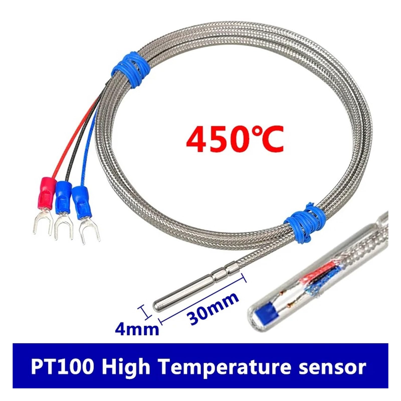 Tipo de sonda de alta temperatura Pt100, sensor, aislamiento de fibra de vidrio, resistencia térmica de platino, 450 ℃ | 5m