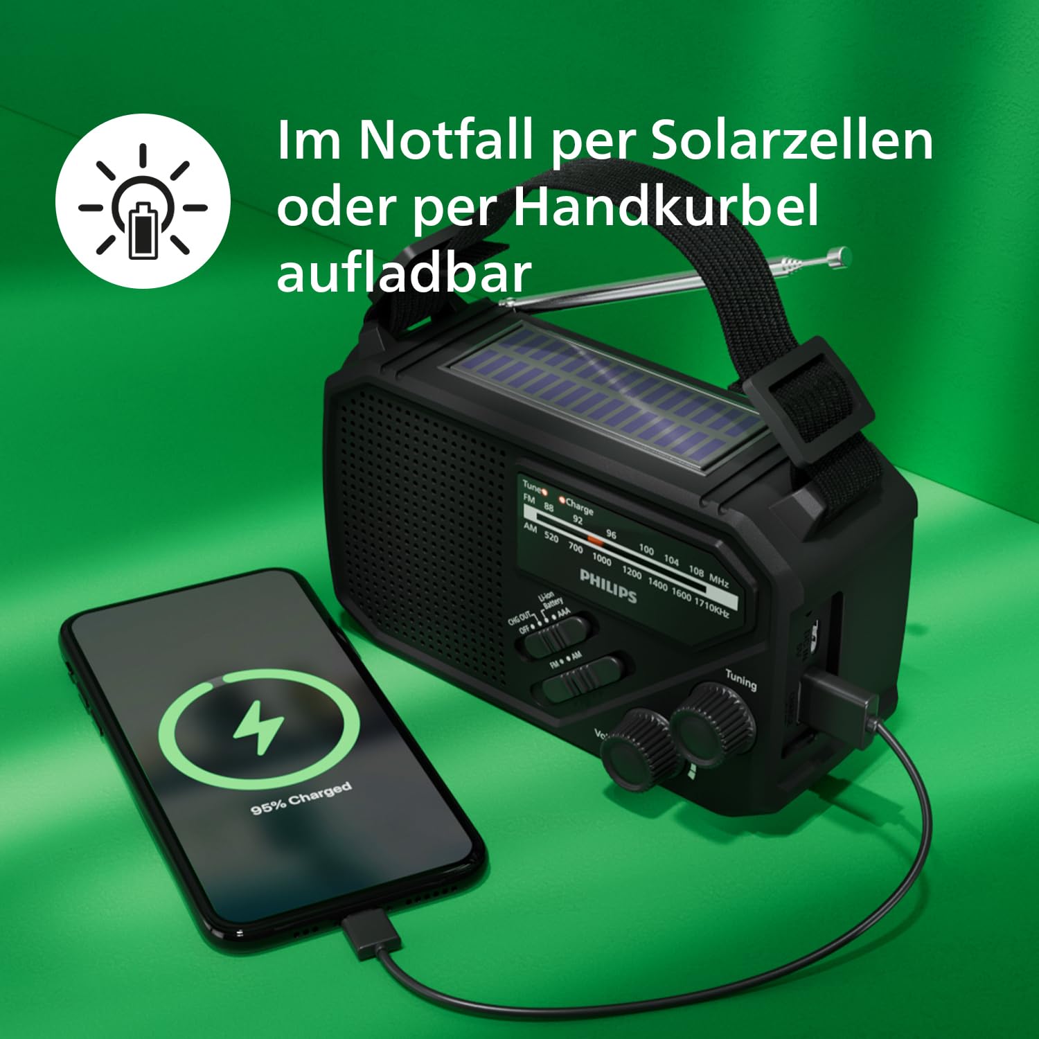 Philips TAR1609 FM/AM-Kofferradio mit internem aufladbarem Akku, AAA-Batterie und Kurbel für Reservestrom, Solarzelle, integrierte LED-Leuchte und Taschenlampe zum Zelten, Wandern und bei Stromausfall