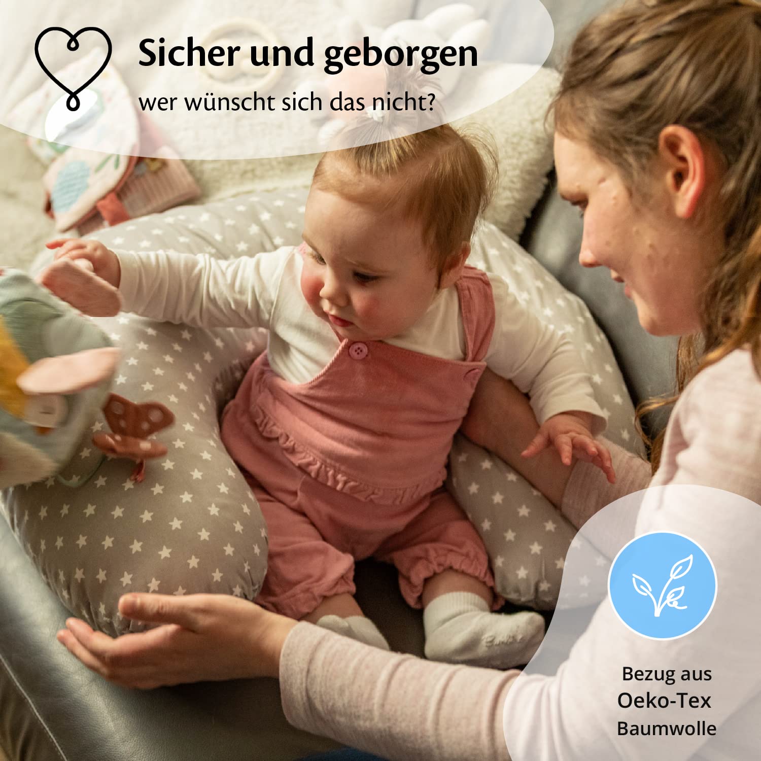 Ella NP-GreyStars - Cuscino per allattare e nutrire comodamente i bambini, poggiatesta imbottito per neonati con rivestimento in cotone rimovibile - grigio con stelle