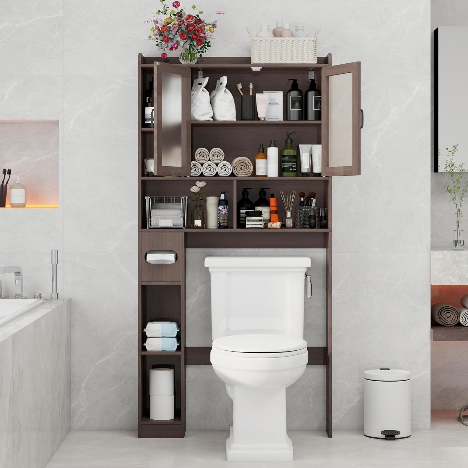 Vabches Over The Toilet Storage Cabinet, Farmhouse Storage Cabinet Over Toilet with Acrylic Doors，Home Space-Saving Toilet Rack, for Bathroom, Restroom, Laundry, Espresso