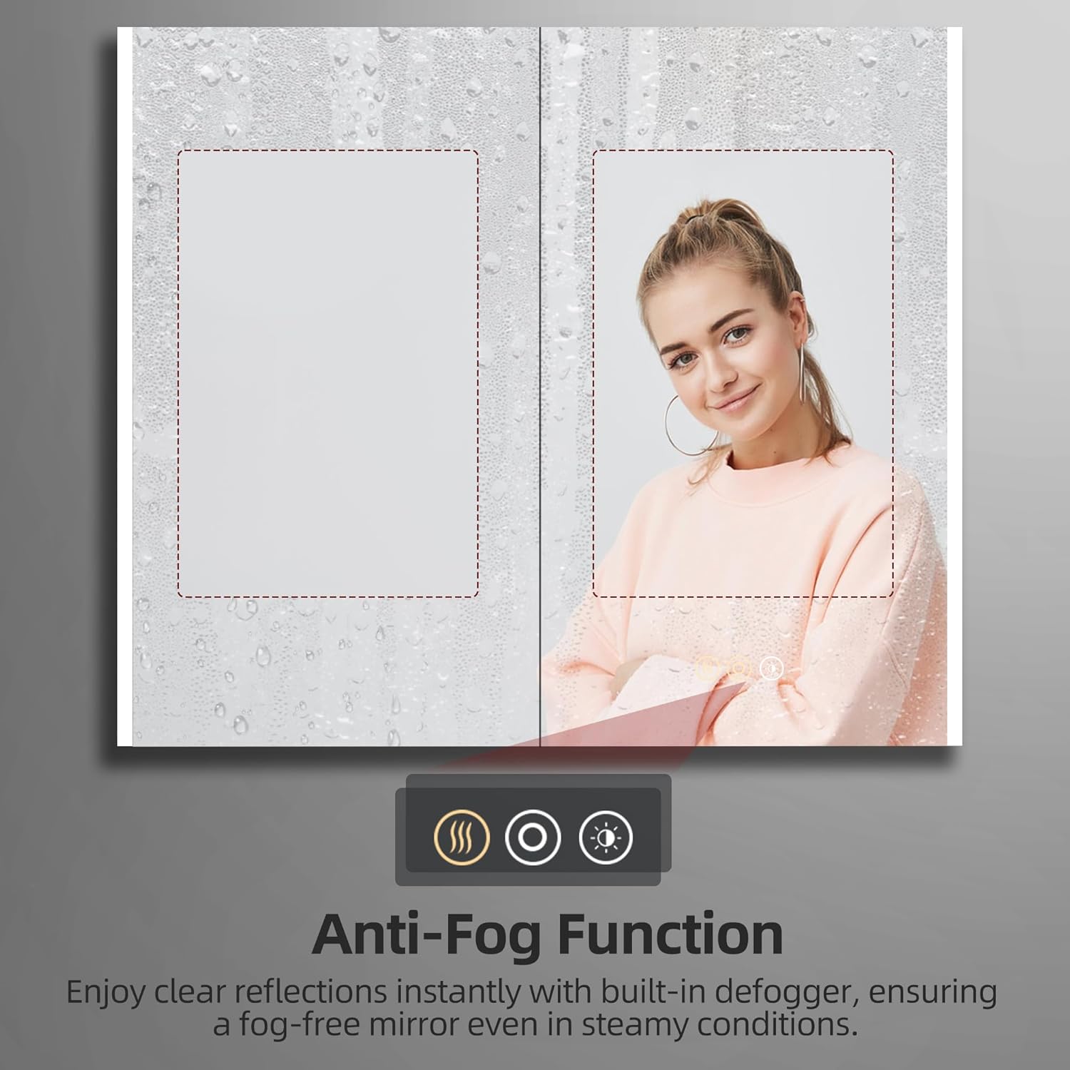 Image showing two mirrors, one dim at 30% brightness and one bright at 80% brightness, illustrating the dimming and memory functions. Text indicates long press adjusts brightness and smart memory function records lighting settings.