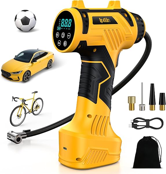 Ipflin Tyre Inflator Air Compressor - 22L/min Portable Car Accessories, Rechargeable Battery Tyre Pump, Digital Cordless Electric Pump with LED Light, 4 Preset Modes for Car/Bike/Motorcycle/Ball - 1