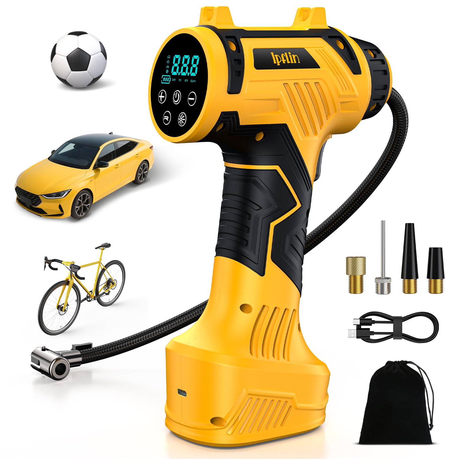 Ipflin Tyre Inflator Air Compressor - 22L/min Portable Car Accessories, Rechargeable Battery Tyre Pump, Digital Cordless Electric Pump with LED Light, 4 Preset Modes for Car/Bike/Motorcycle/Ball - 1
