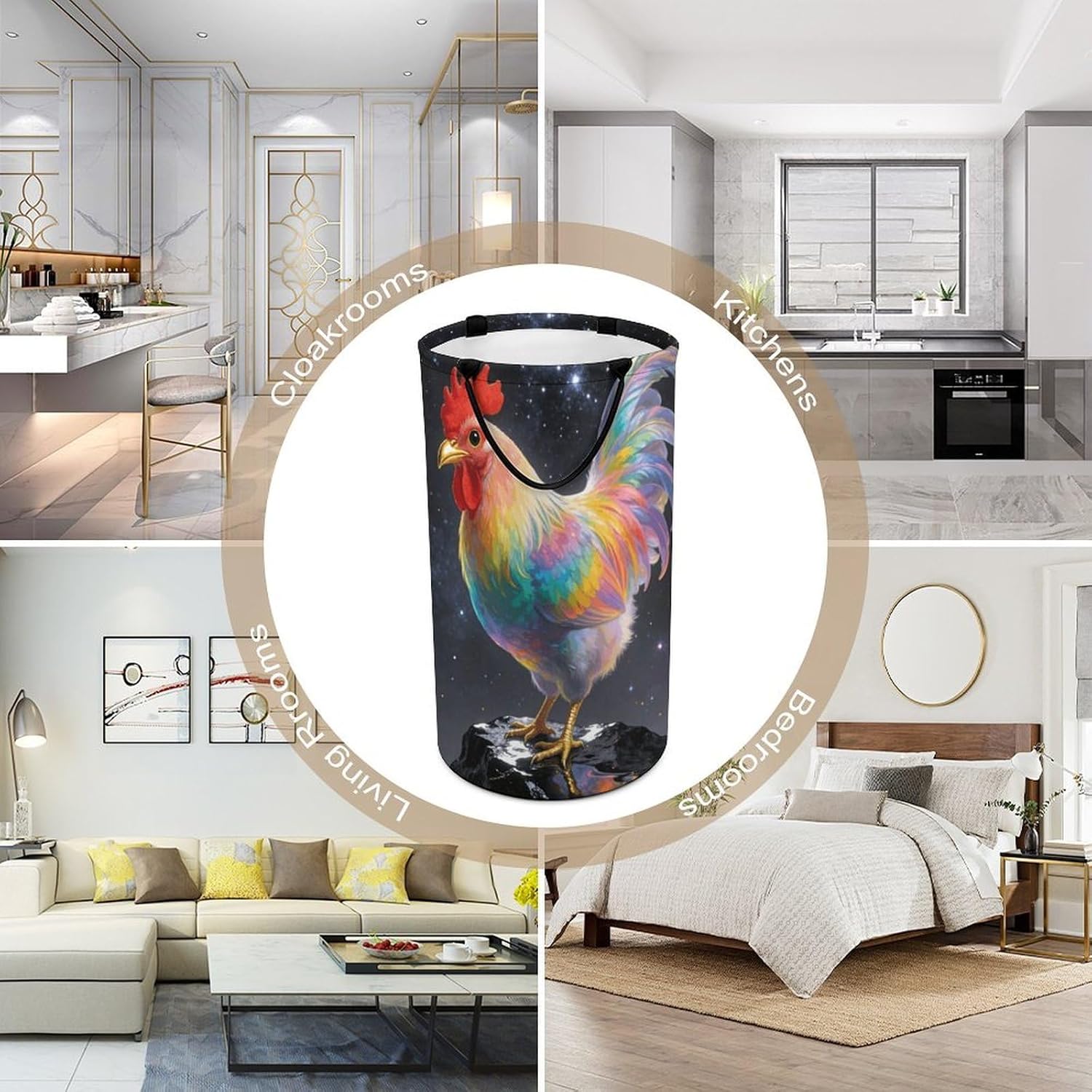 Rooster Laundry Hamper with Handles Waterproof Collapsible Laundry Basket Large Lightweight Round Dirty Clothes Hamper for Home Dorm Bathroom Decor