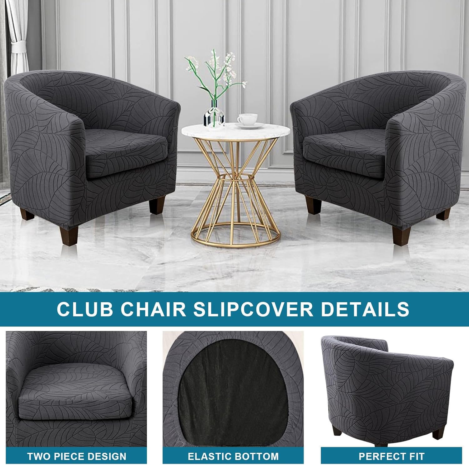 Club Chair Slipcover, Barrel Chair Covers with Cushion Cover Stretch Tub Chair Slipcover Spandex Non Slip Armchair Cover Removable Furniture Protector-Dark Grey-2 Piece