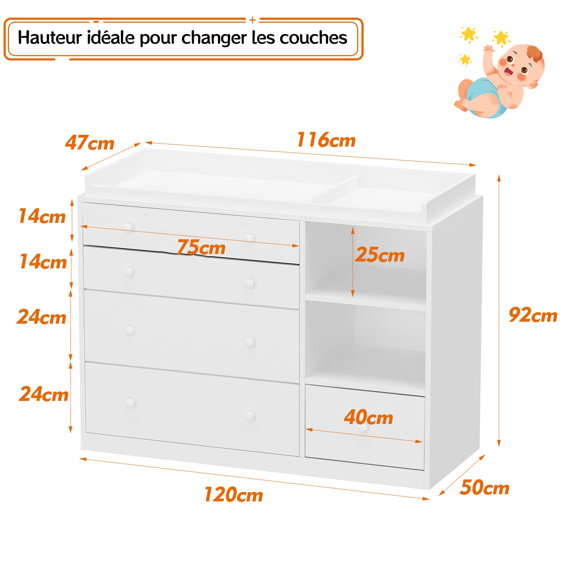Table à Langer Table à Langer pour Enfant avec 5 tiroirs, Commode pour Enfants avec 2 Compartiments à Jour, Meubles pour Enfants Table à Langer pour Chambre à Coucher, 120 x 50 x 91,5 cm