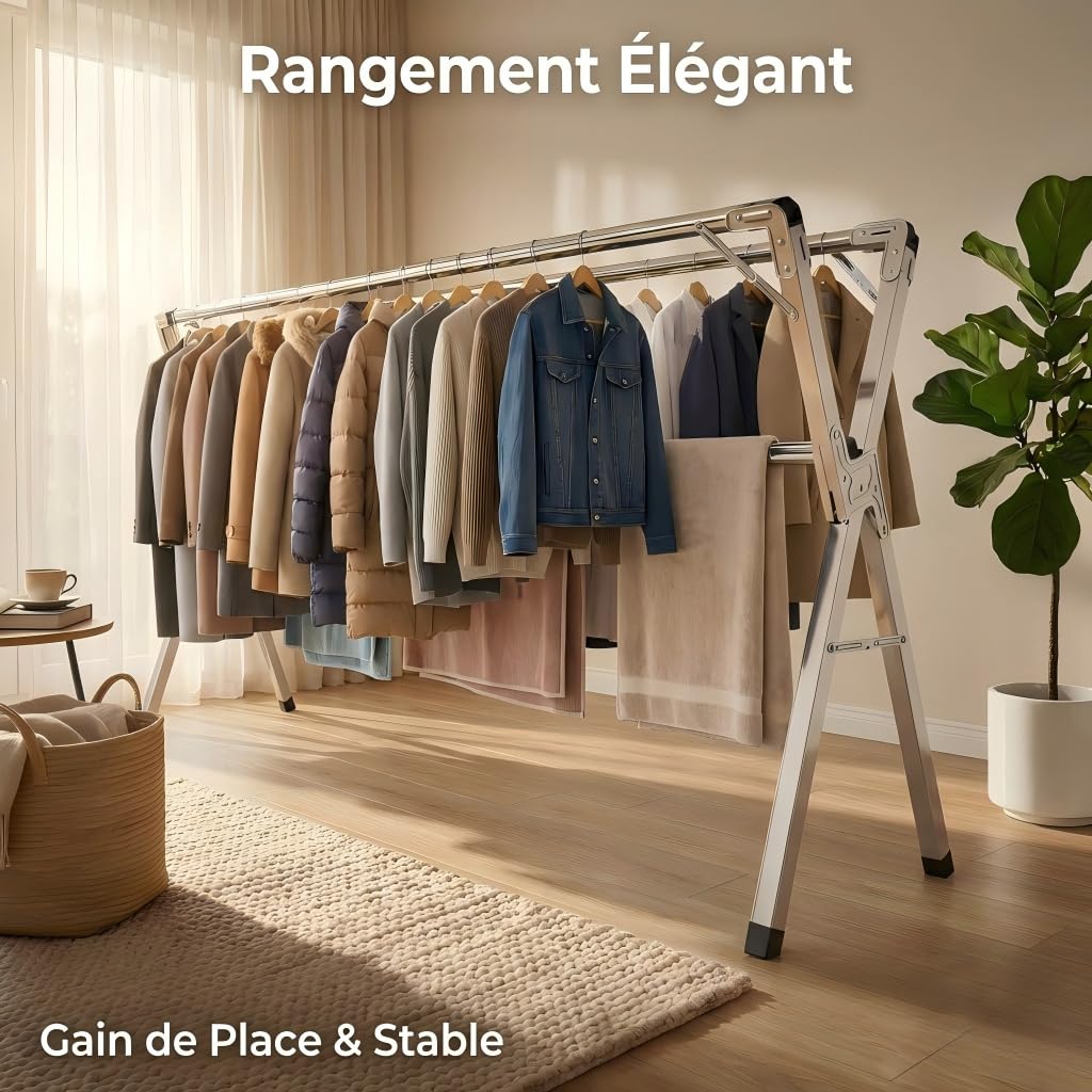 Étendoir à Linge Pliable INOX Type tancarville, etendoir Linge Interieur et Exterieur, sechoir a Linge reglable 140–240 cm, Grande capacite, Jusqu’à 60 kg par Barre, avec 40 Crochets Coupe Vent