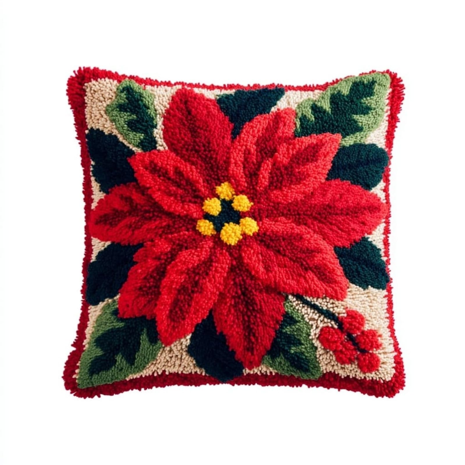 WallustrioaW Latch Hook Cushion Kit 43x43cm,Christmas Poinsettia Flowers