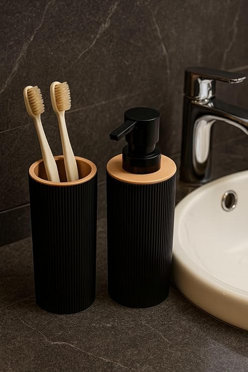 ARVALE Quardi Banyo Seti Modern Çizgili - 7 L Kova 4 Parça Banyo Çöp Kovası ve Aksesuar Seti