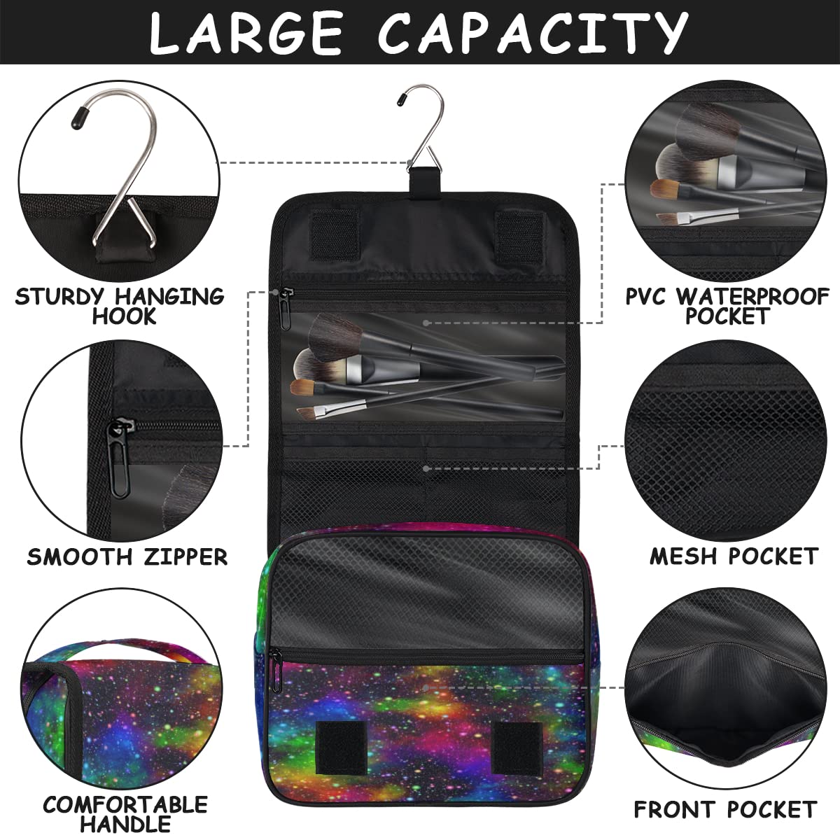 Galaktyka Kolorowa Podróżna Kosmetyczka Abstrakcyjna Galaktyka Mycie Torba Unisex Wiszące przybory toaletowe Kosmetyczka Organizer do makijażu, wielobarwny, Jeden rozmiar