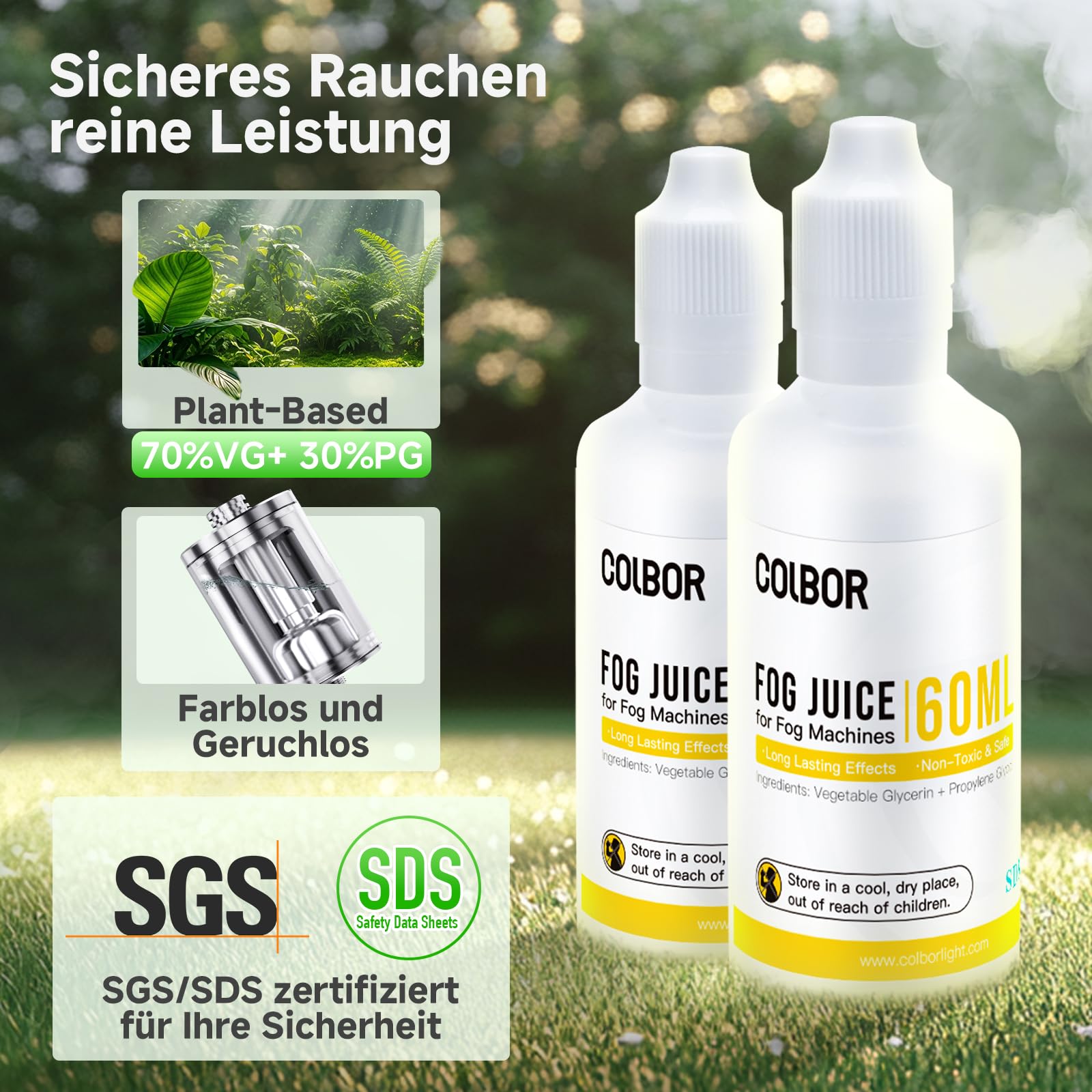 COLBOR Nebelfluid mit hoher Dichte 60ml*2, Nebelflüssigkeitsset für Nebelmaschine CF5/CF3 Geruchloses SDS-zertifiziert, Pflanzliches Glycerin, für Partys, Bars, Ausstellungen, Bühnen, Halloween