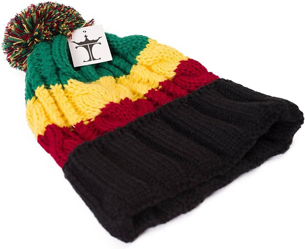 TOP HEADWEAR Rasta Color Block Crochet Knit Pom Cuff Beanie