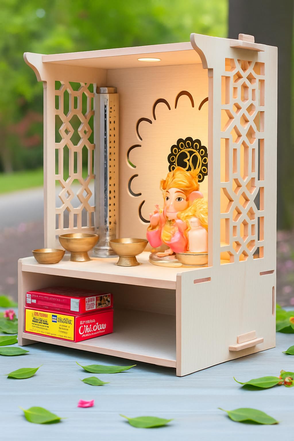 Hoodwin Wooden Pooja Stand for Home Pooja Mandir for Home Temple for Home and Office Puja Mandir for Wall Mounted with LED Spot Light (15.5 x 11.5 x 11 in) White