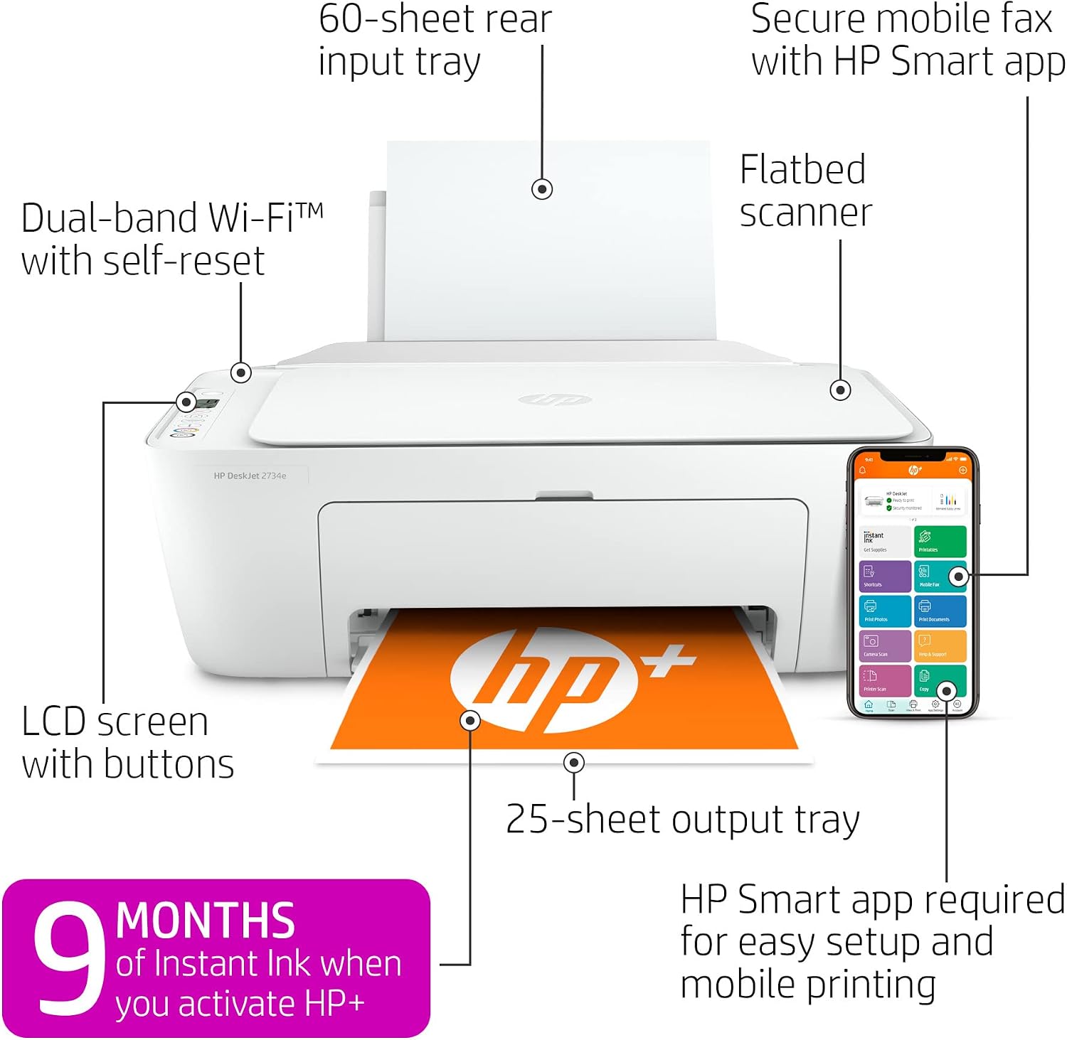 HP DeskJet 2734e Wireless Color All-in-One Printer with 9 Months Free Ink (26K72A)
