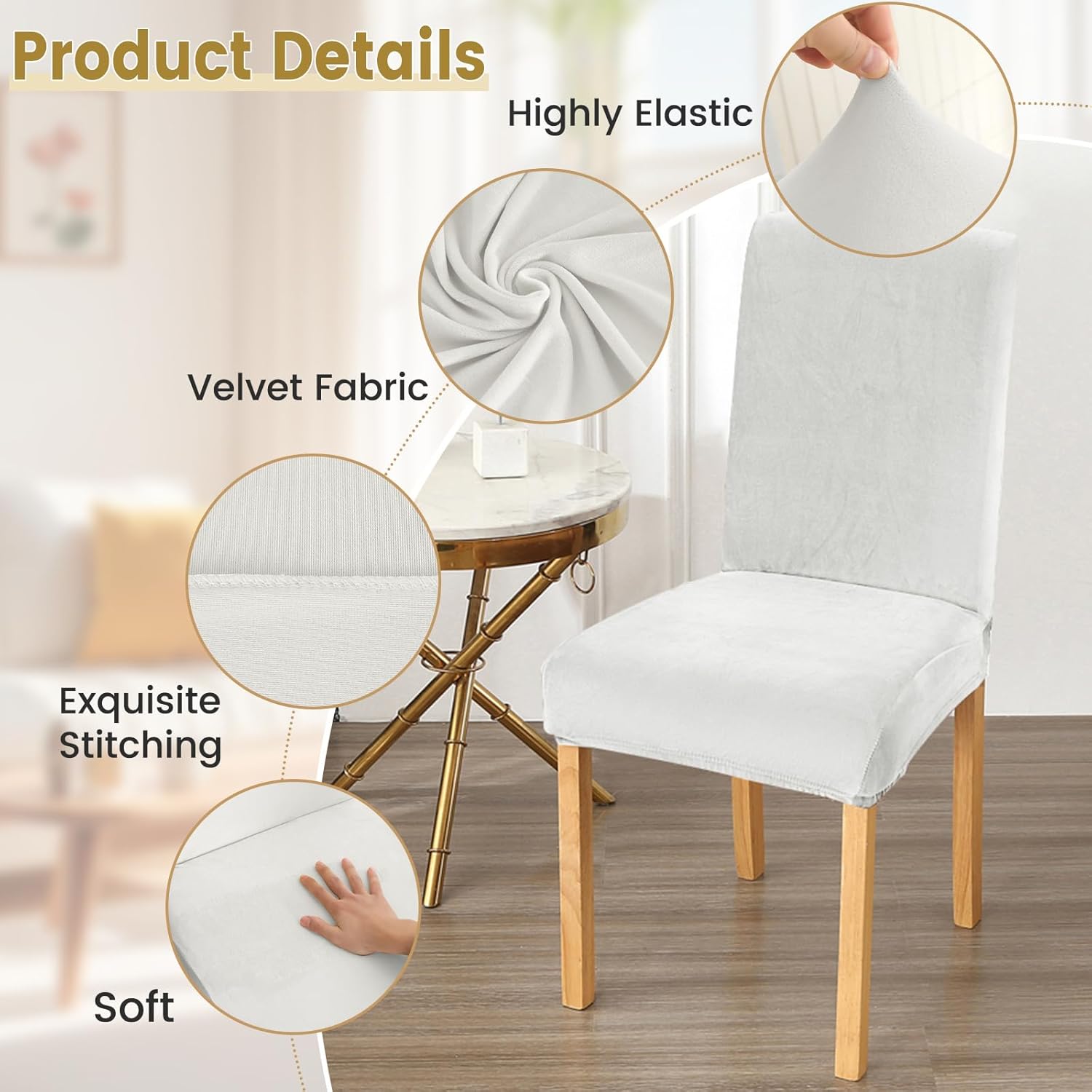 Rakila Velvet Dining Chair Covers Set of 6, Soft Stretch Washable Chair Slipcovers Protector for Home, Restaurant (White, 6 Pack)