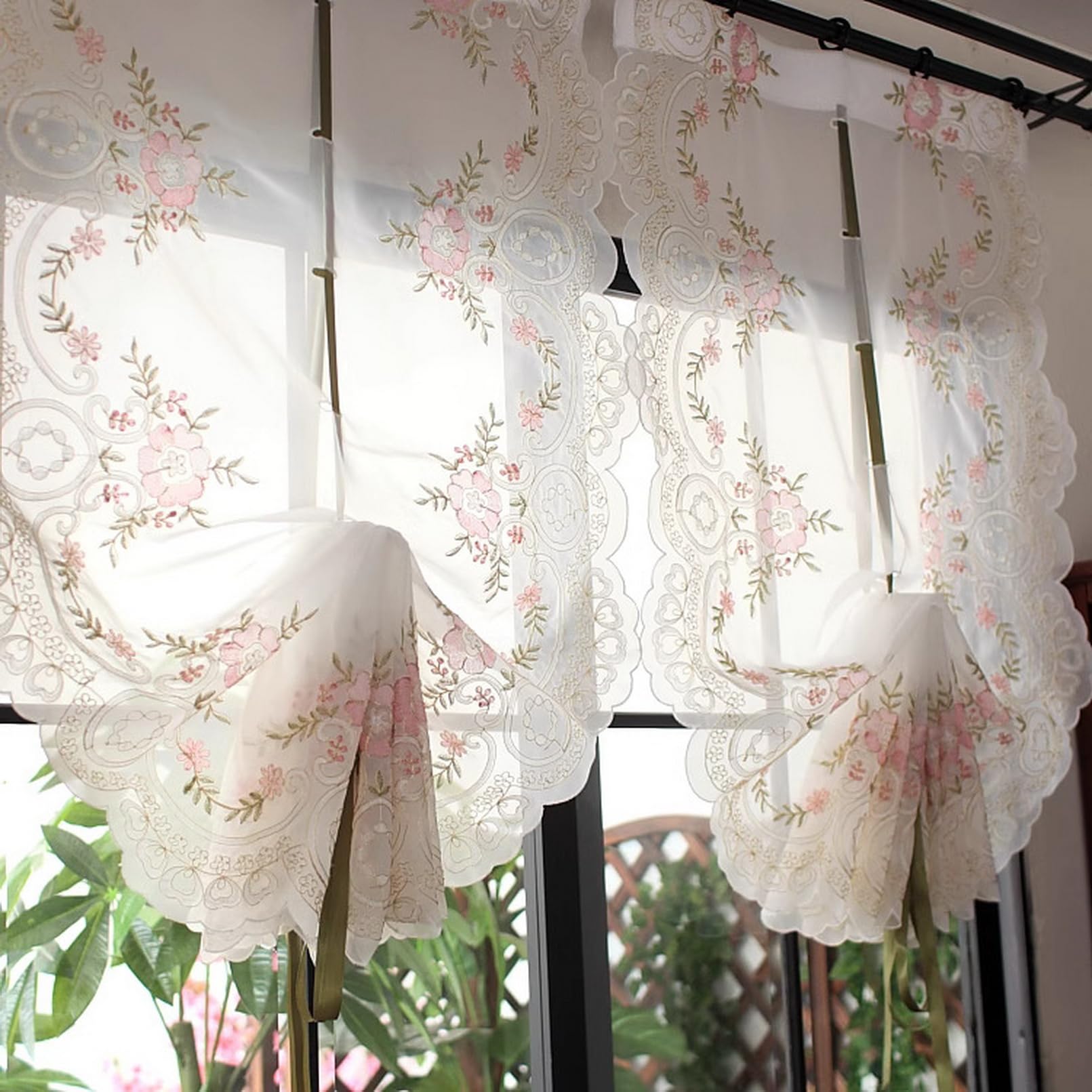 A.Monamour Short Curtain for Small Window Sheer Transparent Floral Embroidery Voile Lace Balloon Curtain Roman Shades Window Treatment Tie Up Cottage