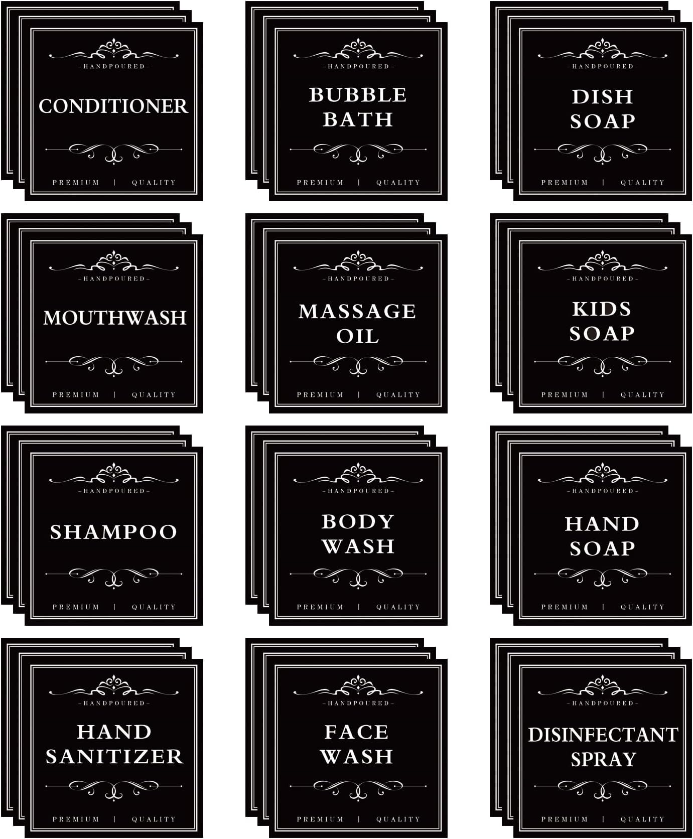 36 PCS Printed Waterproof Labels for Shampoo and Conditioner Bottles,Bathroom Soap Dispenser Organization Label Stickers Black
