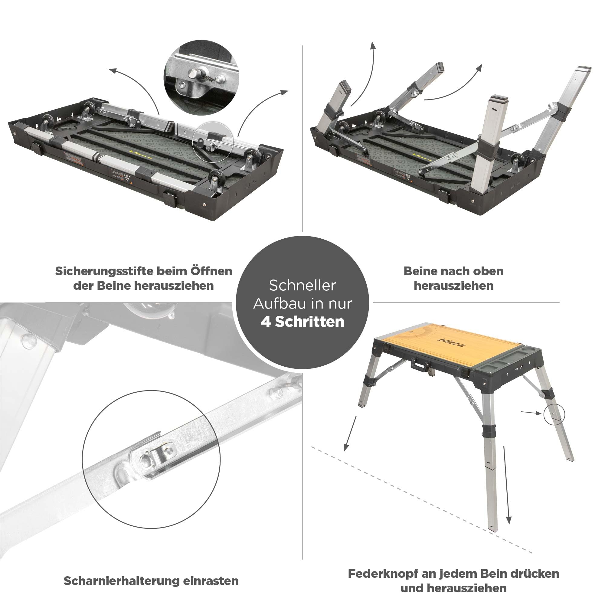 blizz-z 4-in-1 Multifunktions Arbeitstisch Maße 98 x 52 cm | verstellbar klappbar tragbar | universell als Werkbank, Transportroller & Werktisch einsetzbar | für komfortables rückenschonendes Arbeiten