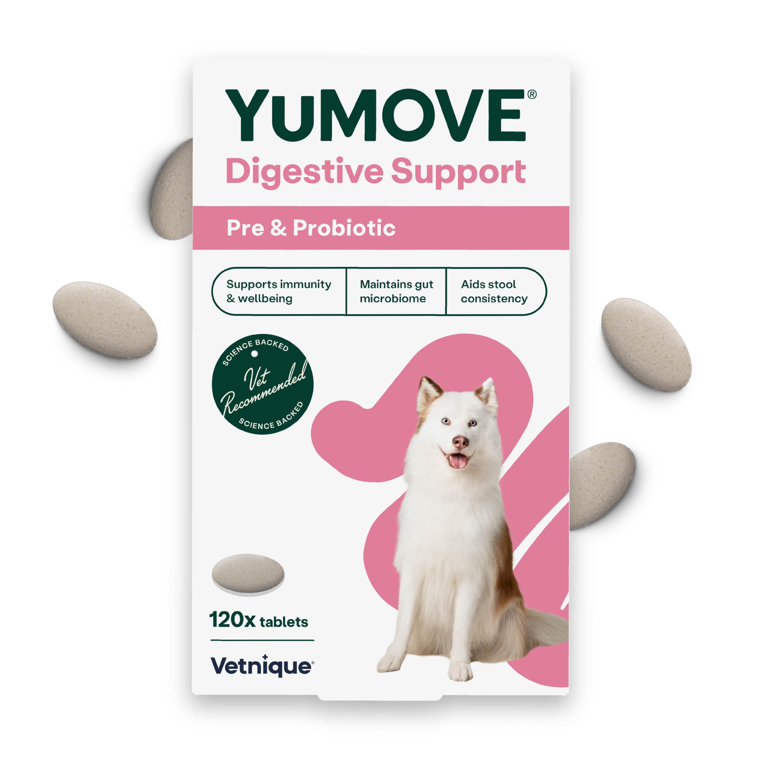 YuMOVE Digestive Care, Dog Pre and Probiotics Supplement for Gut Health and Digestive Support, All Ages and Breeds with Sensitive Digestion, 120 Tablets