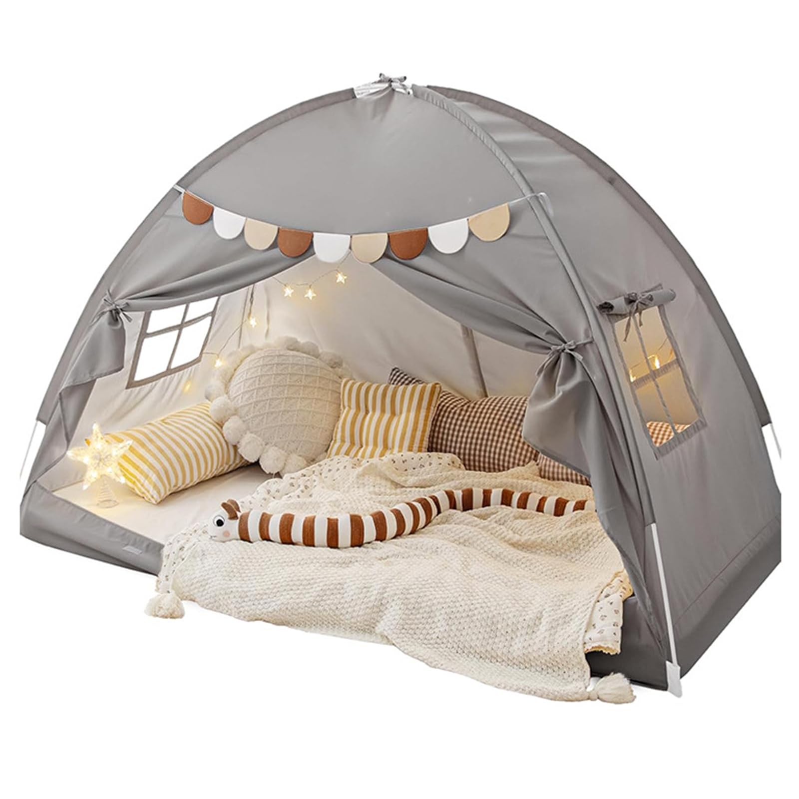 Spielzelt Kinder Indoor, Spielhaus Kinder mit Flaggen, Maschinenwaschbar Tippi Kinderzelt ab 3 Jahren FüR Kinderzimmer, Spielzimmer, Party, Schneller Aufbau (Grau (195 x 98 x 125 cm))