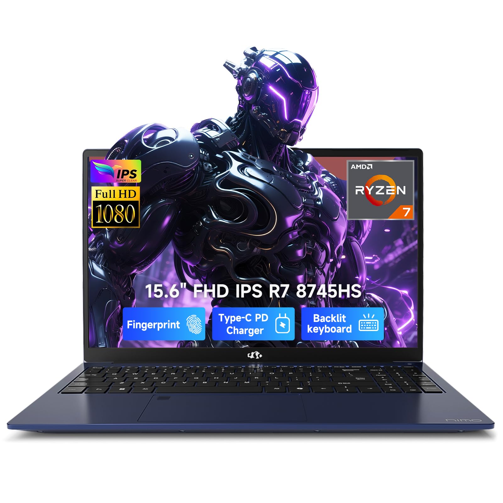 NIMO 15.6" Laptop, AMD Ryzen 7 8745HS(4.9GHz), 16GB RAM 512GB SSD, Radeon 780M, 15.5H All-Day Battery, WiFi 6E USB4, for Creators & Professionals Work/Gaming, 2-Year Warranty 100W Type-C