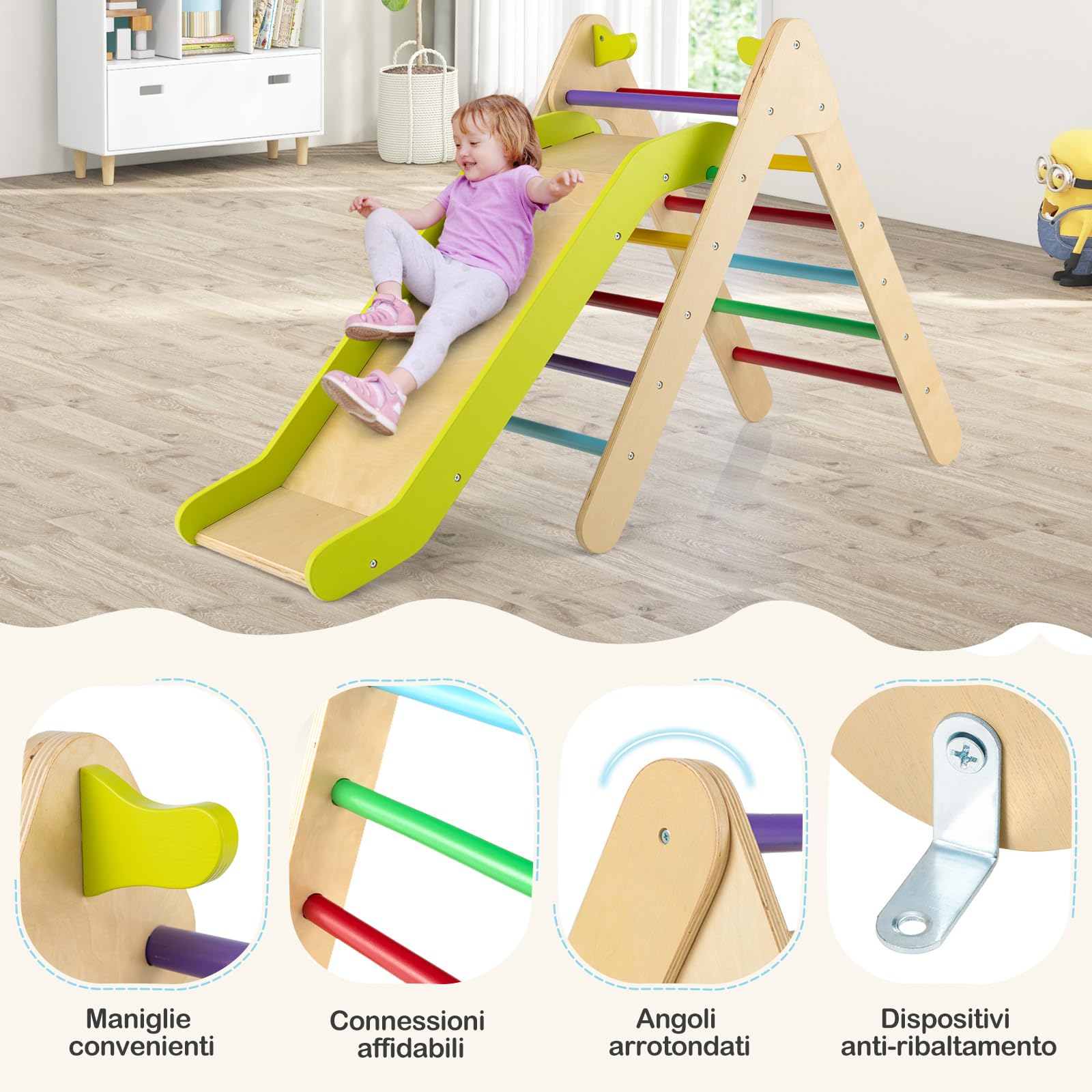 COSTWAY 2 in 1 Set da Arrampicata con Scivolo per Bambini, Triangolo di Arrampicata in Legno Regolabile a Gradi, Giocattolo per Arrampicarsi all’Interno, 1 Anno+ (Colorato)