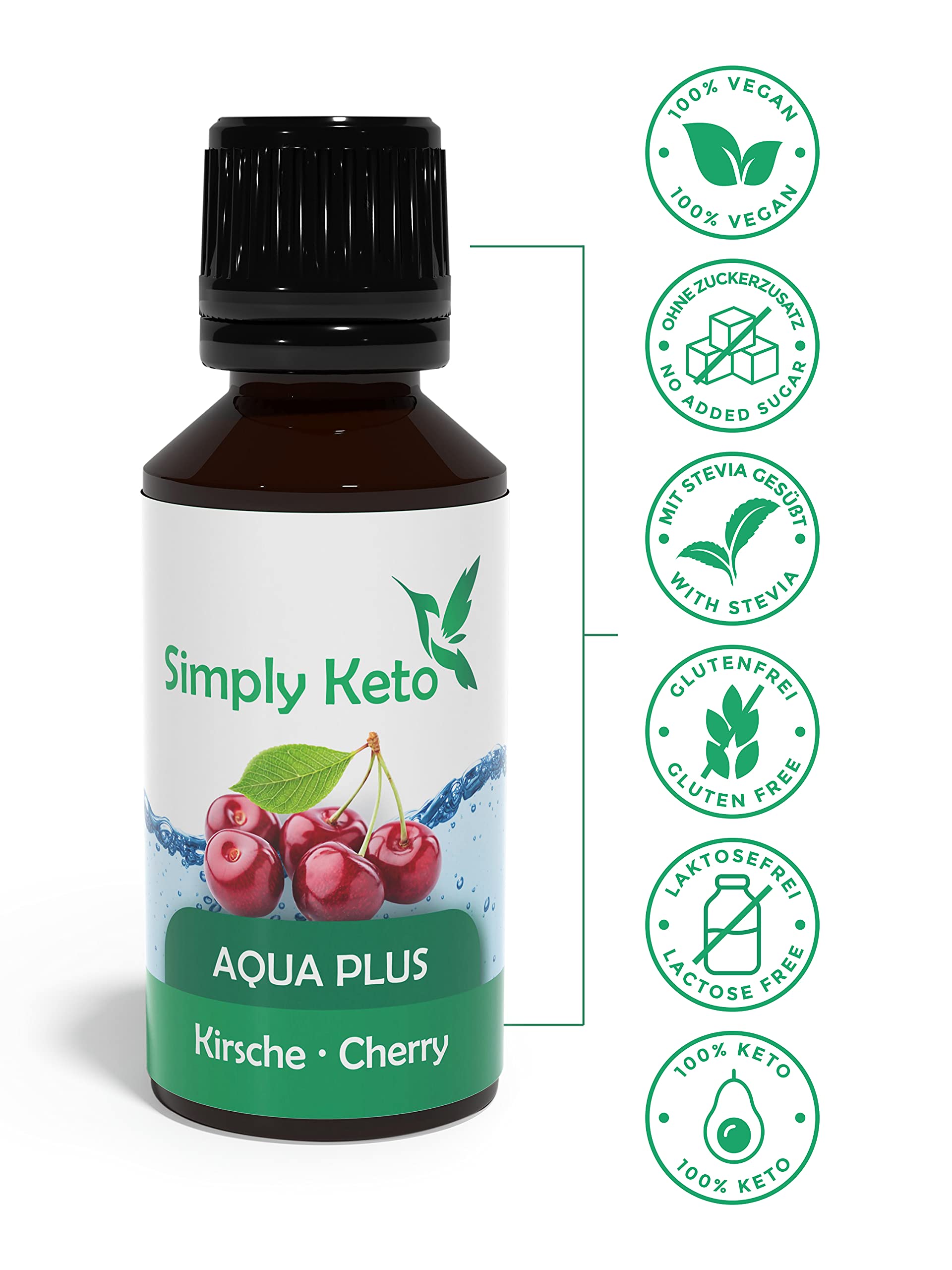 Simply Keto Gotas de sabor Aqua Plus (Cereza) 30ml - Gotas de sabor natural sin calorías - Alternativa al jarabe para 12 litros de agua con auténtico sabor - Sin aspartamo ni azúcar
