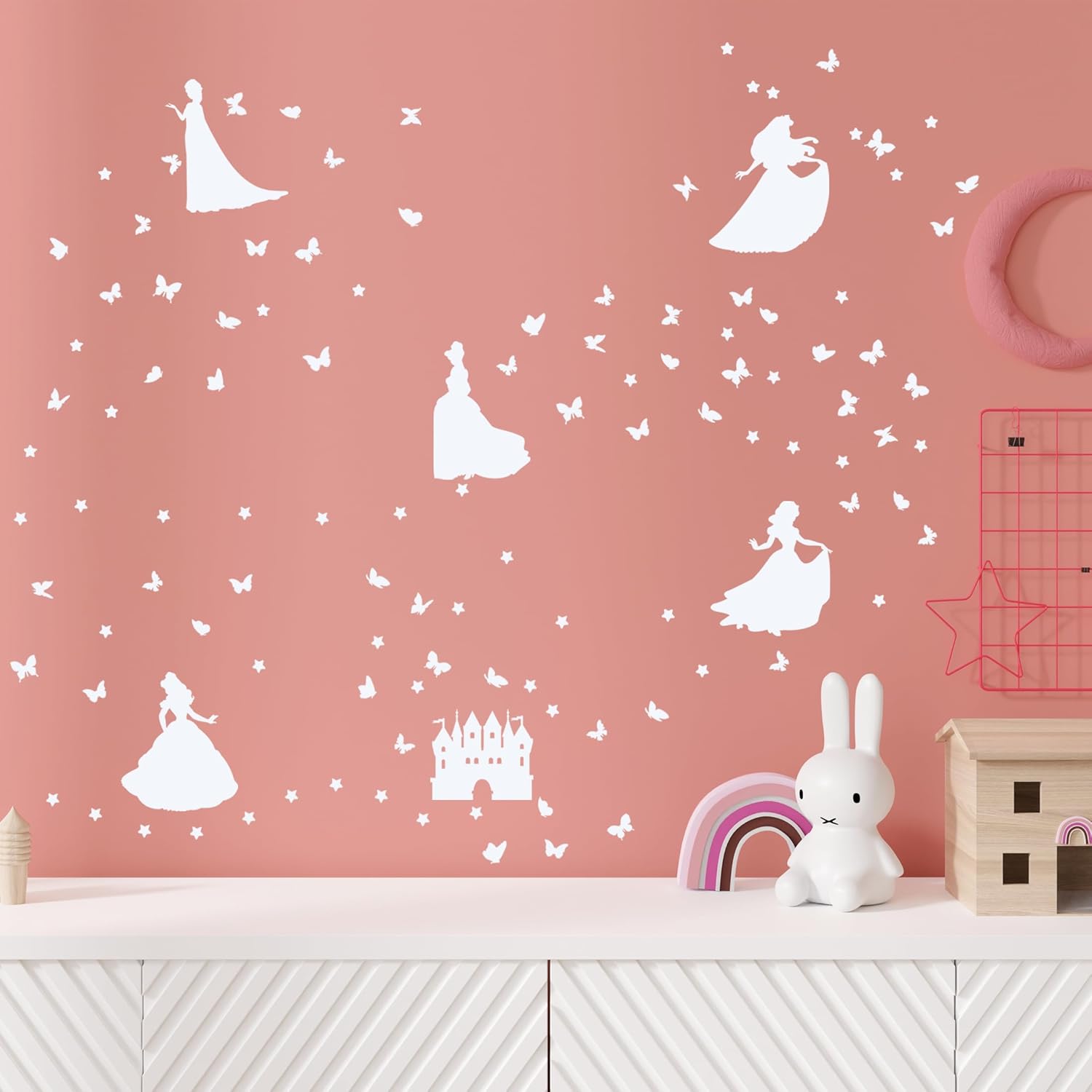 Glow in The Dark Princess Castle Wall Sticker, Self-Adhesive Star Butterfly Wall Decal for Girl's Room, Fluorescent Sticker for Ceiling Nursery (Blue)