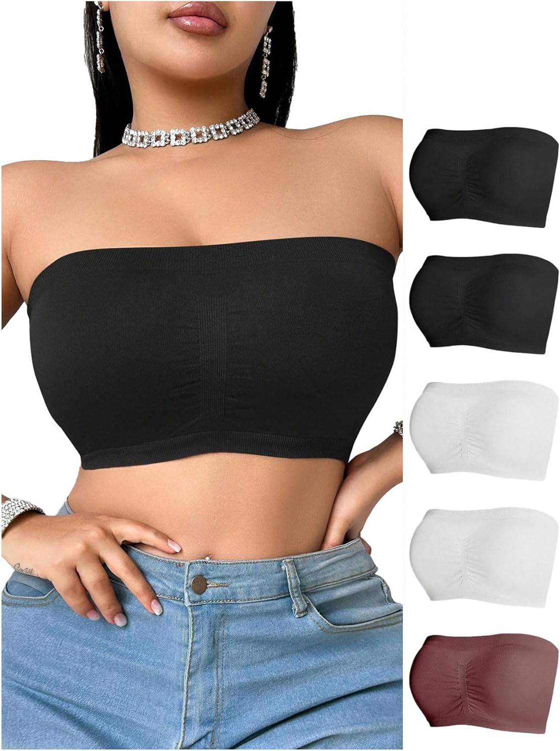 MakeMeChic Women's Plus Size 5 Pieces Ruched Front Strapless Bra Seamless Stretchy Bandeau Tube Top Bra Set