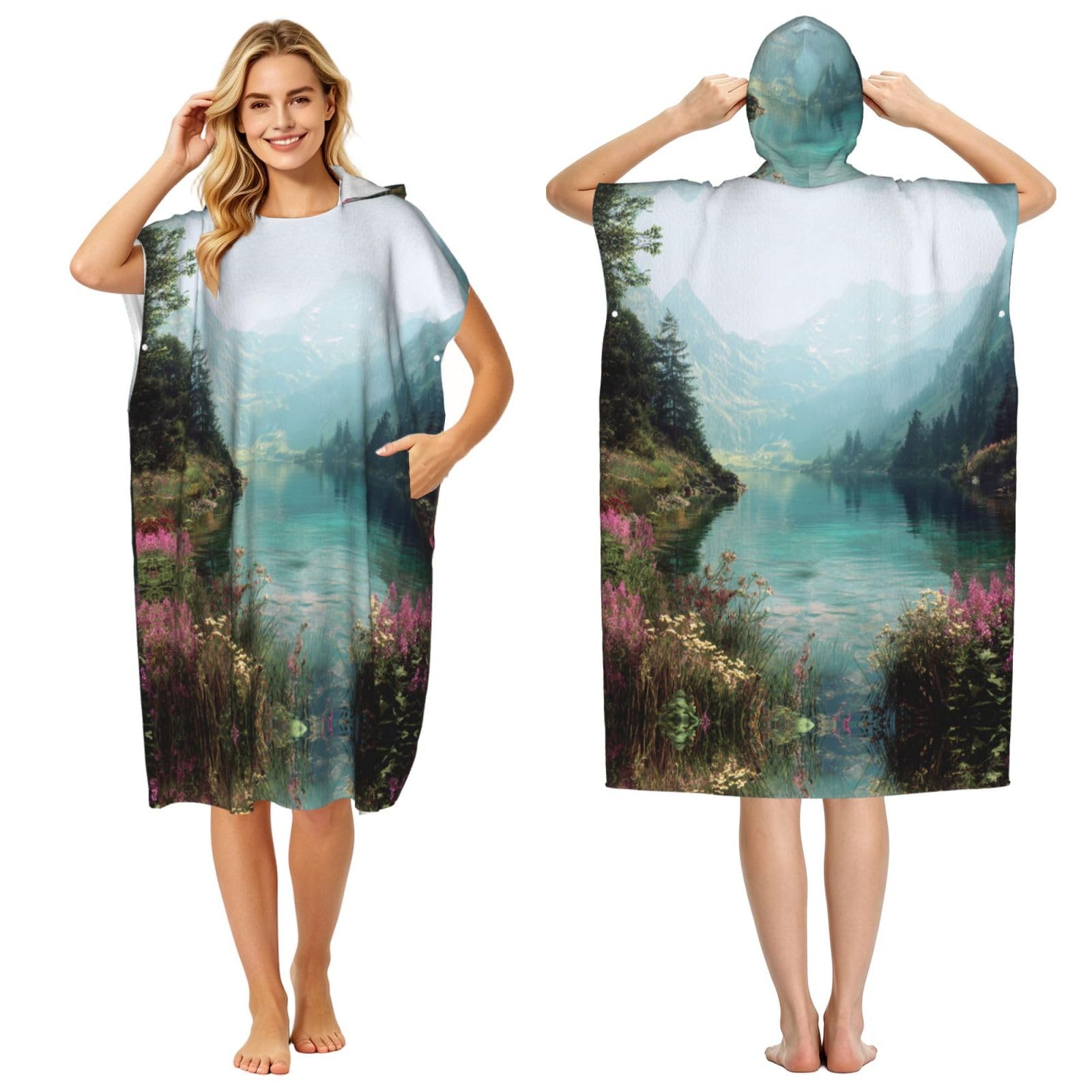 ESNAIUVCD Lake Scenery Print Changing Robe, Hooded Towel Poncho For Swimming Pool, Beach,Quick Dry Light Weight Towelling Poncho