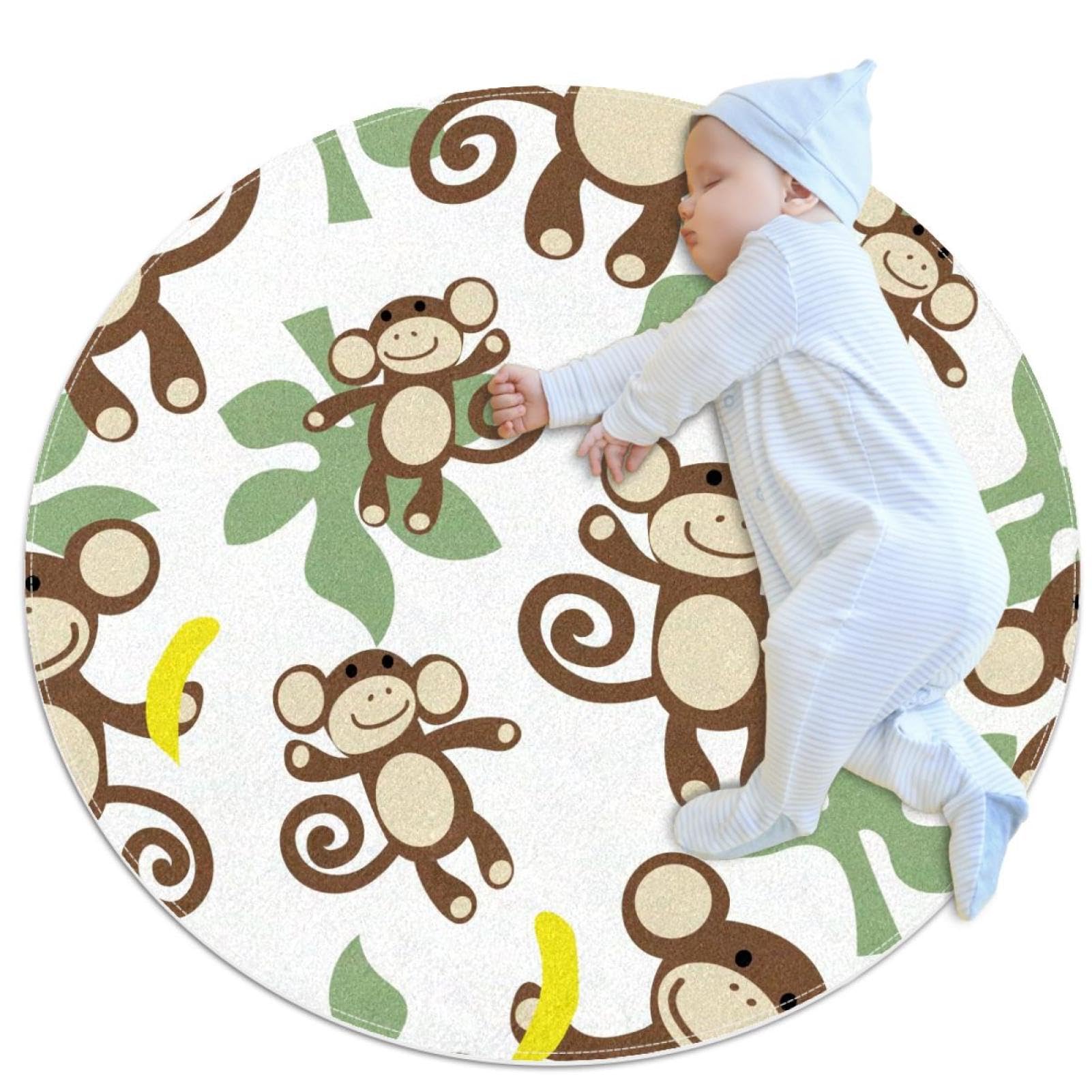 Tapis canapé et chambre enfant rond 1m au motif singe joyeux pour des moments de complicité
