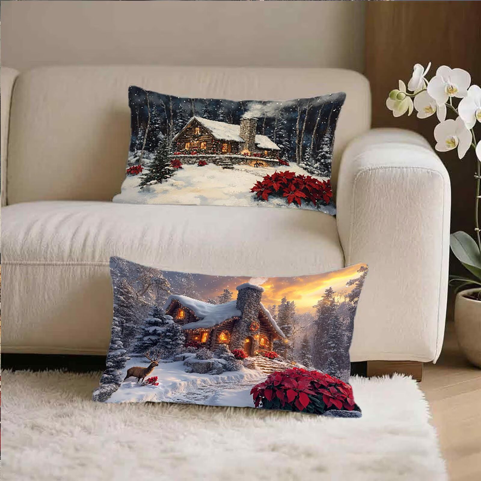 Federe Cuscino 60x80 Set di 2, Inverno Federe Cuscini Divano Lino, Rettangolari Copricuscini 60x80cm Con Cerniera Invisibile, Copricuscino per Camera Letto Casa Decorazioni Regalo, Paesaggio S-9419