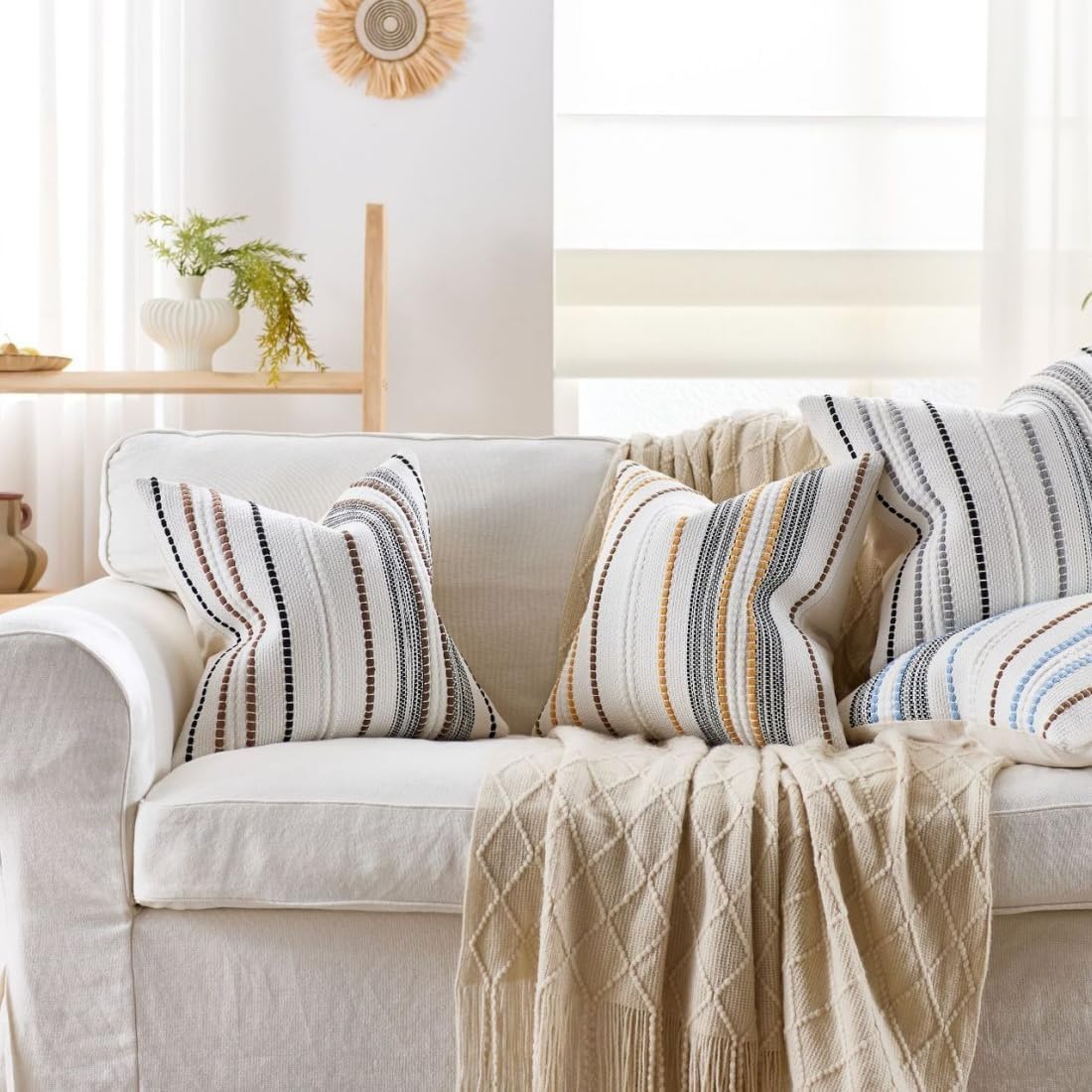 Set of 2 Decorative Woven Knitted Striped Throw Pillow Cover 18x18 Inch - Soft Textured Neutral Boho Pillow Case for Sofa Couch Bedroom Living Room Decor (White, Grey, Black)