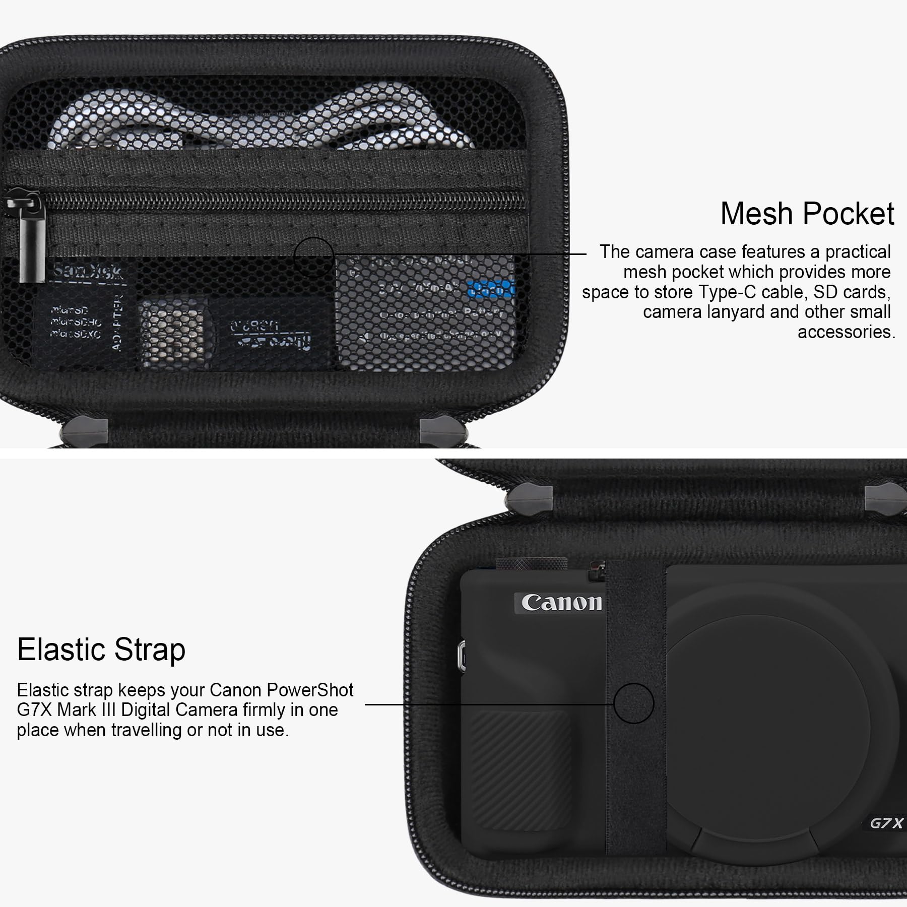 RAIALL Custodia per fotocamera digitale Canon PowerShot G7X Mark III, 1* custodia rigida da trasporto + 1* custodia protettiva morbida in silicone, Nero+Nero