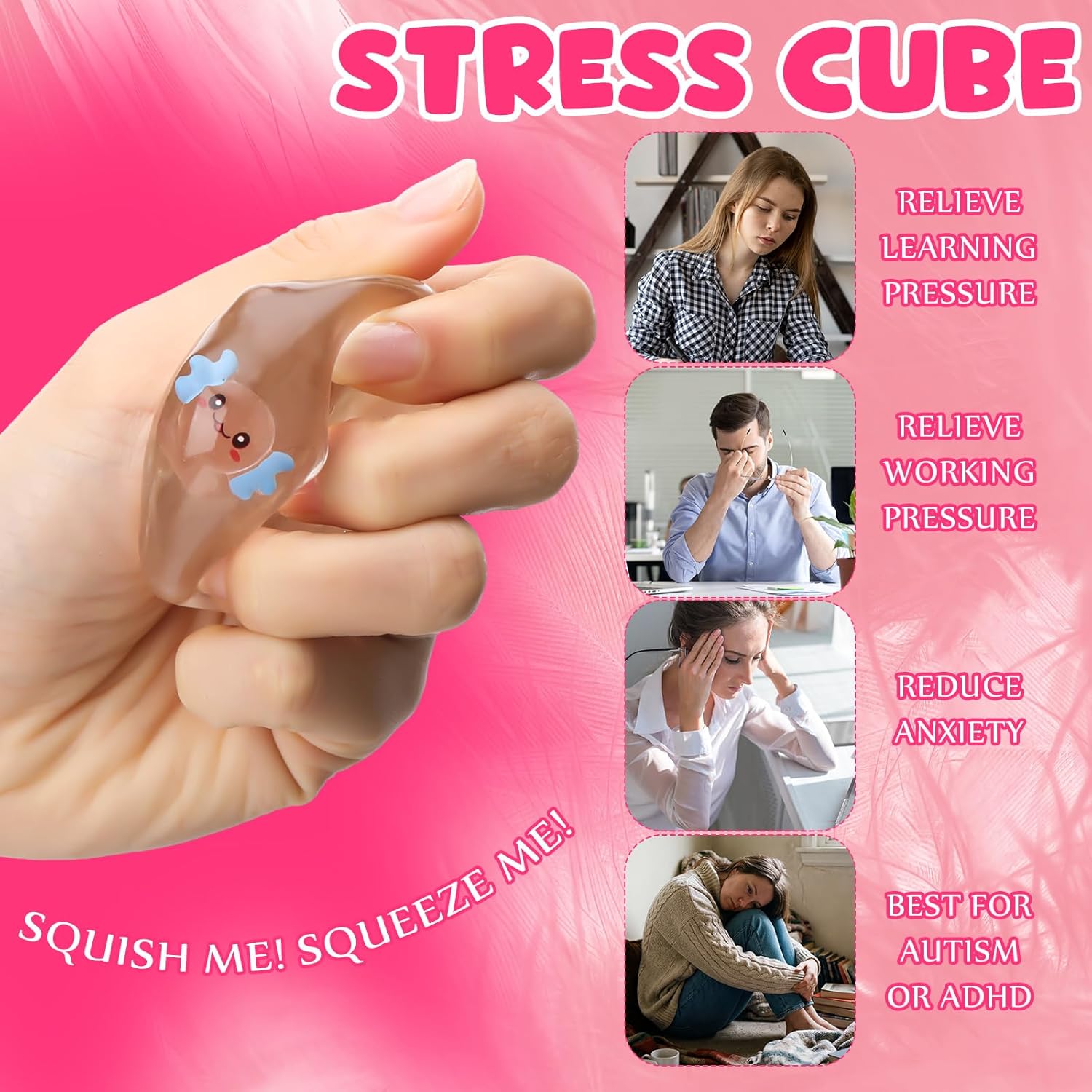 Civaner 8 Pcs Squisheez Stress Cube Fidget Toys for Adults, Squeeze Sensory Glow in the Dark Toys with Autism Stress Balls, Sqeeze Cube with Colorful Animal Favors (Axolotl)