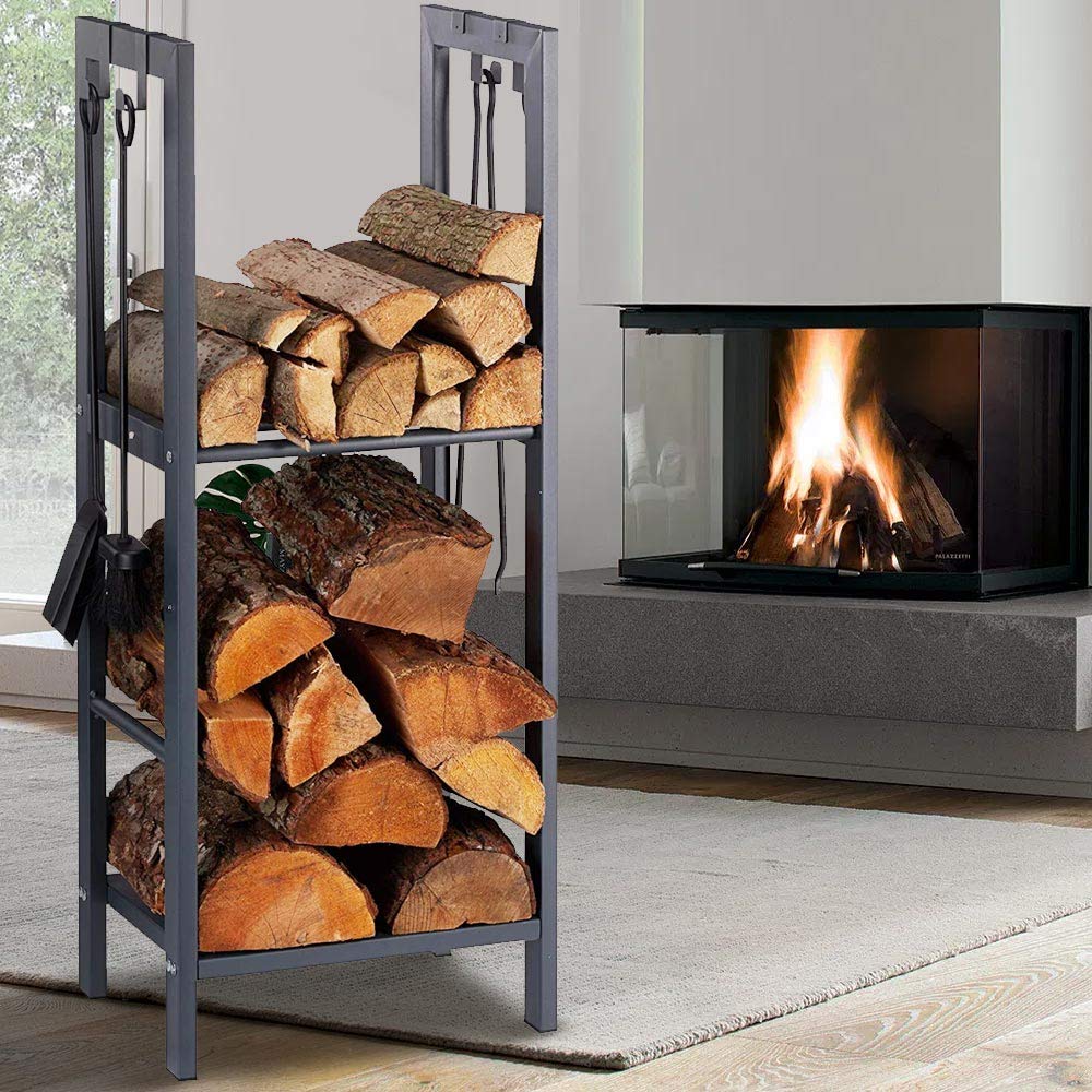 BAKAJI Leñera vertical soporte estantería de metal porta leña 2 estantes de interior exterior leñera casa jardín para chimenea, chimenea, estufa de diseño moderno (100 x 40 x 30 cm)