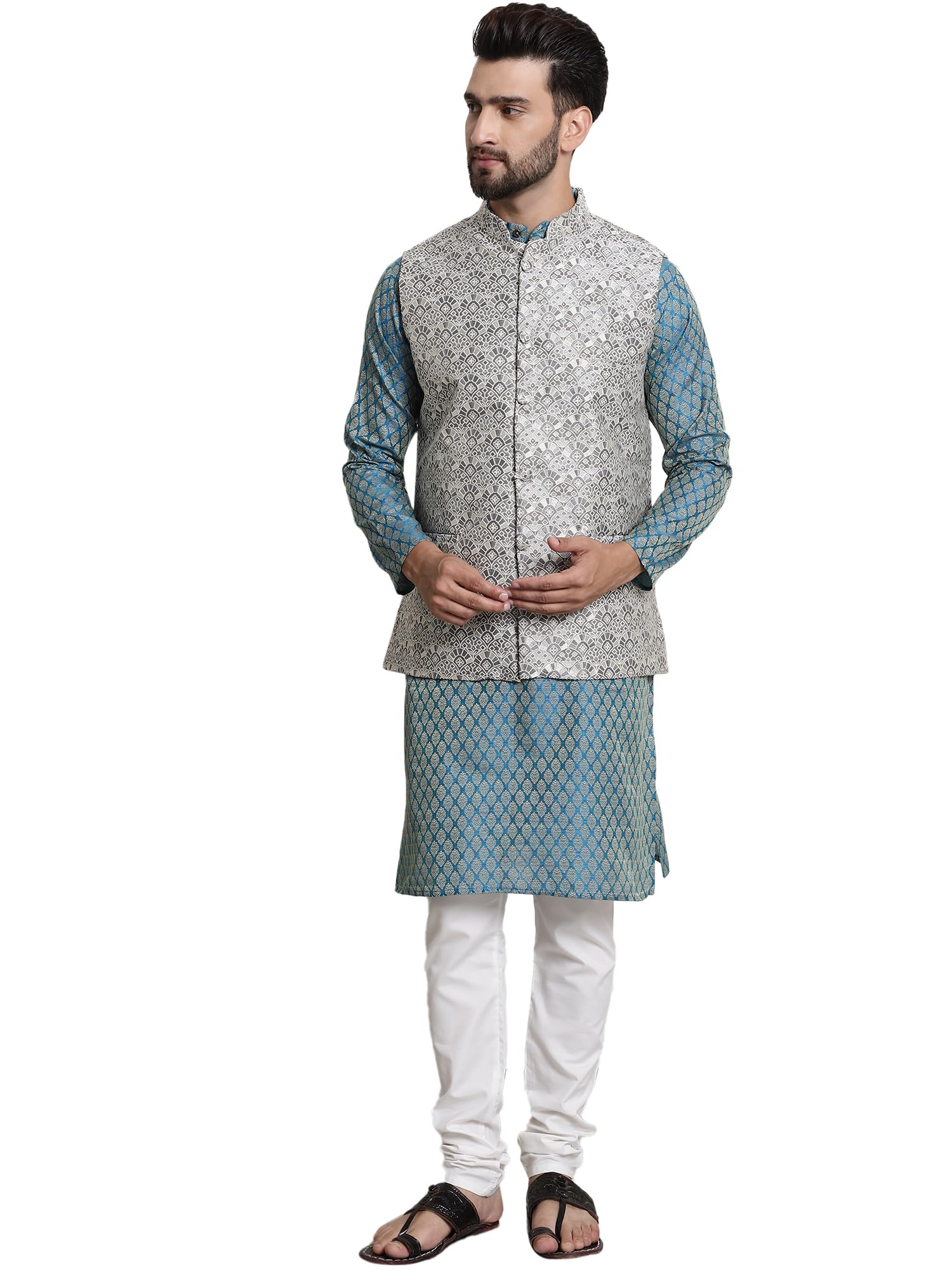 sojanya (Since 1958 Men's Jacquard Silk Kurta & Pyjama with Nehrujacket-picture-13