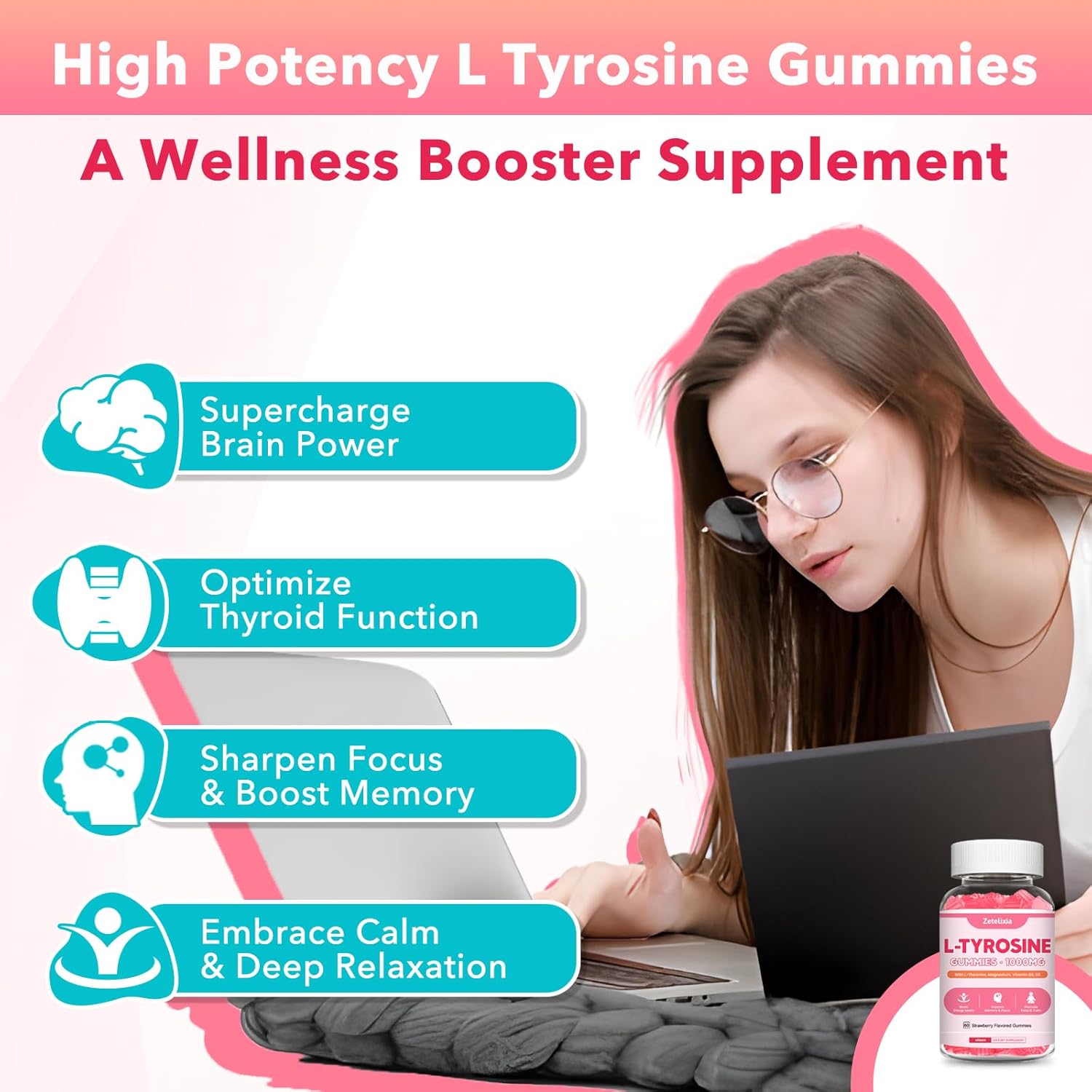 L Tyrosine Gummies, 2 Pack 10-in-1 L-Tyrosine Supplement, Tyrosine Gummies with L-Theanine B6 D3, Support Cognitive, Memory, Energy, Mood for Adult & Kids, Strawberry Flavor, 120 Ct