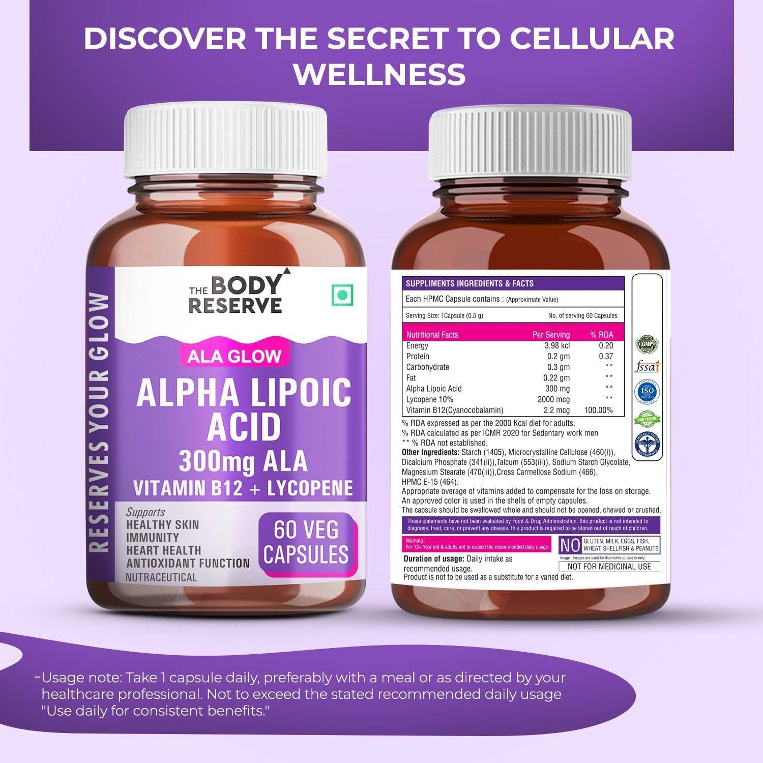 The Body Reserve Alpha Lipoic Acid 300mg with Lycopene & Vitamin B12 | Nerve Health, Energy, Antioxidant & Healthy Blood Sugar Support | Vegan, Non-GMO, 60 Tablets — Amazon image 5
