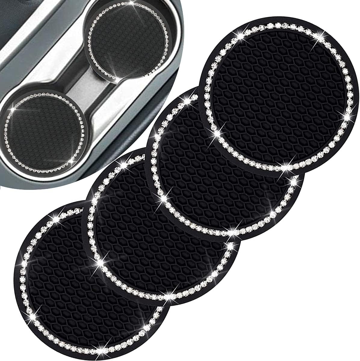 4 Pack Bling Car Coasters, Bling Cup Holder Coasters for Car, Diamond Bling Cup Holder Insert Coaster for Cars, Multi-Functional Cup Coaster-Silicone Bling Car Interior Accessory(Cool Black)