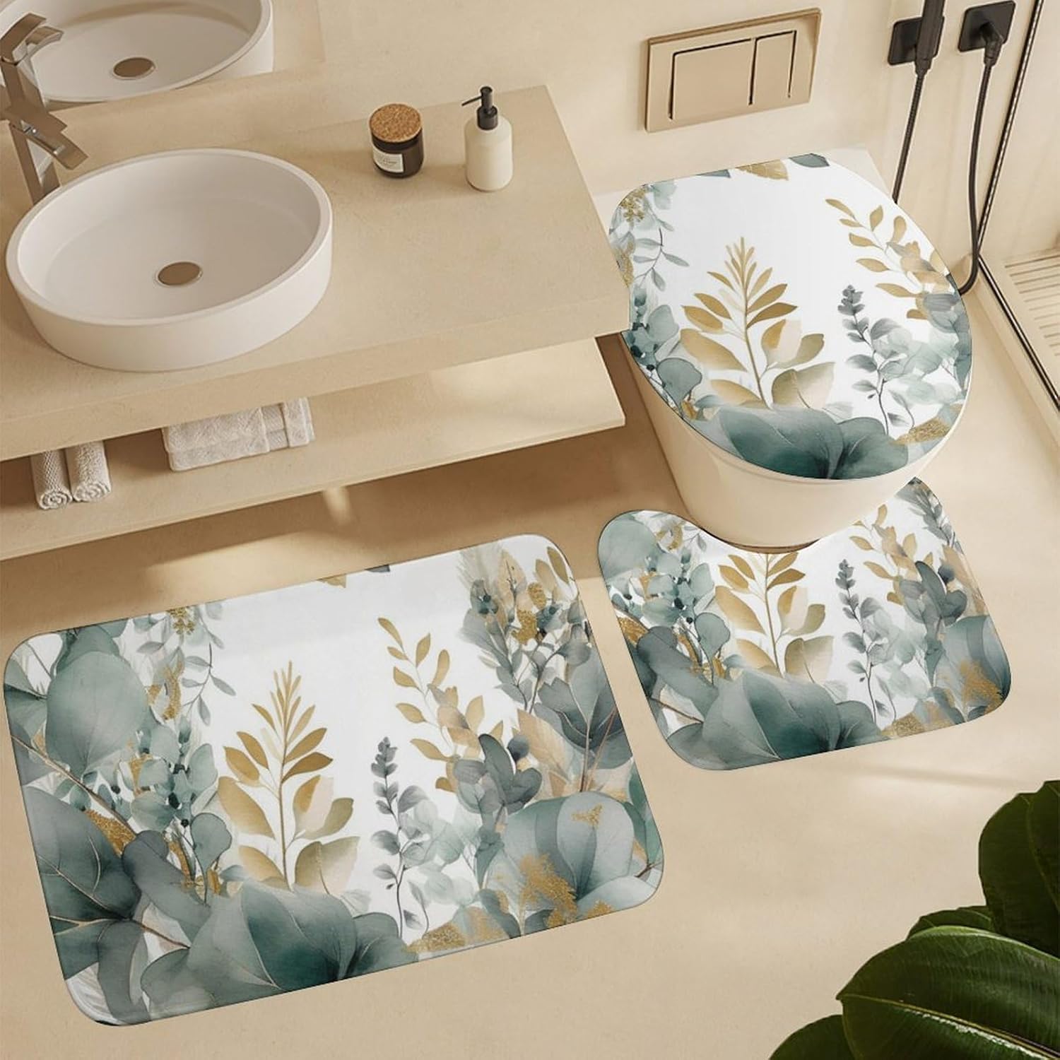 Anti-Skid Floor Mats 3 Piece Set,Gold and Green Leaves Printed Coral Fleece Bathroom Mats U-Shaped Contour Mat Toilet Seat Cover for Bathroom, Tub, Shower, Kitchen 19.7"x31.5"
