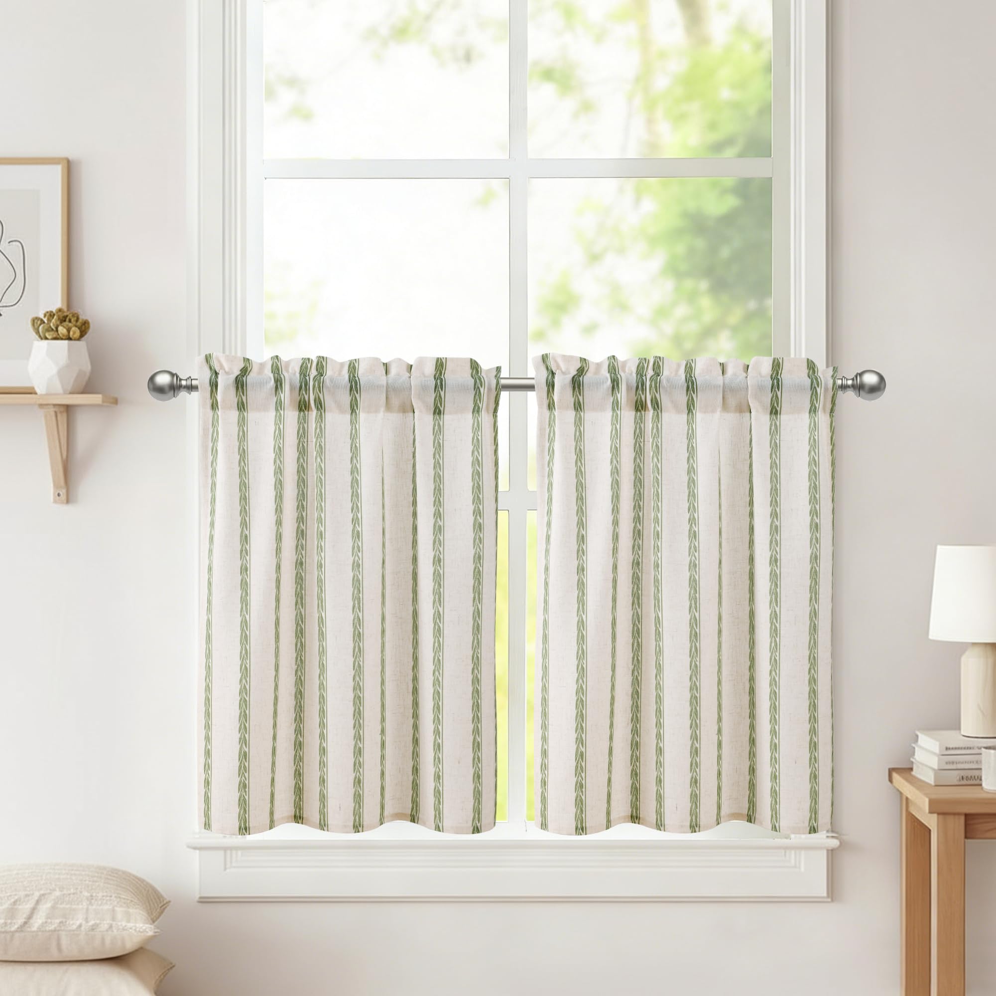 DWCN Green Kitchen Curtains 24 Inch Drop, Rod Pocket Small Window Curtains for Basement, Half Window, Cupboard Base, Short Cafe Curtain Tiers, W26 x L24, 2 Panels, Green Wheatears