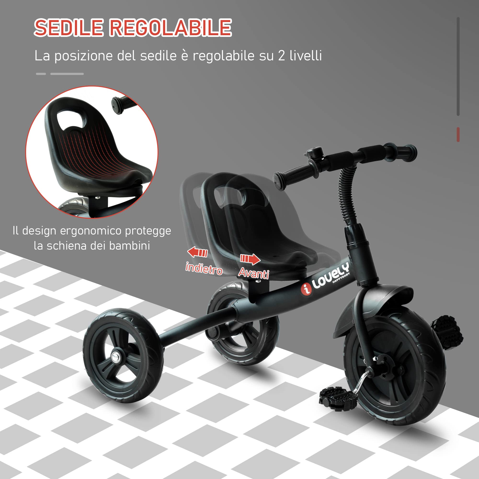 HOMCOM Triciclo per Bimbo con Campanello, Parafango, Ruota Speciale, Nero, 79x50.5x58cm