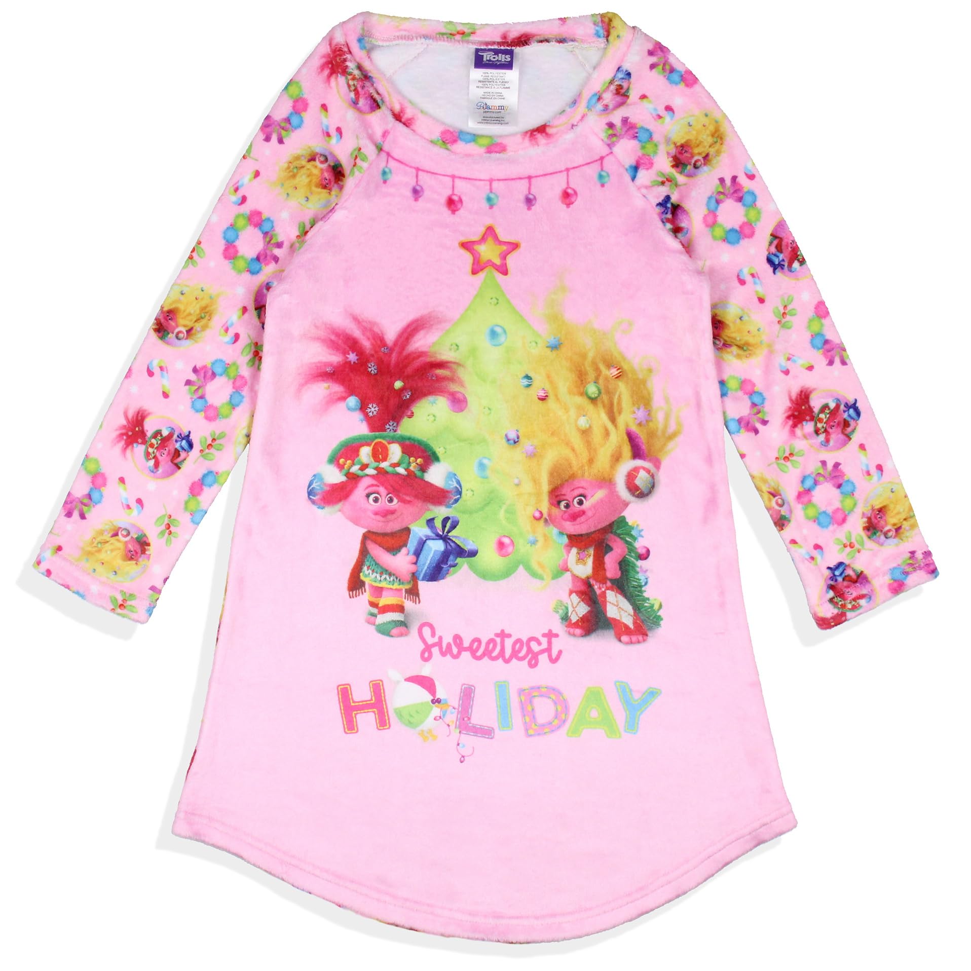 IntimoTrolls Girl's Sweetest Holiday Poppy And Viva Plush Fleece Raglan Kids Pajama Nightgown