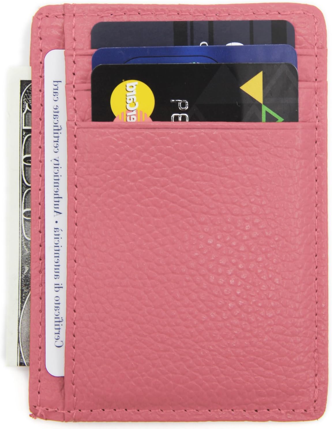 RFID Blocking Genuine Leather Credit Card Holder Front Pocket Wallet With ID Card Window - Pink