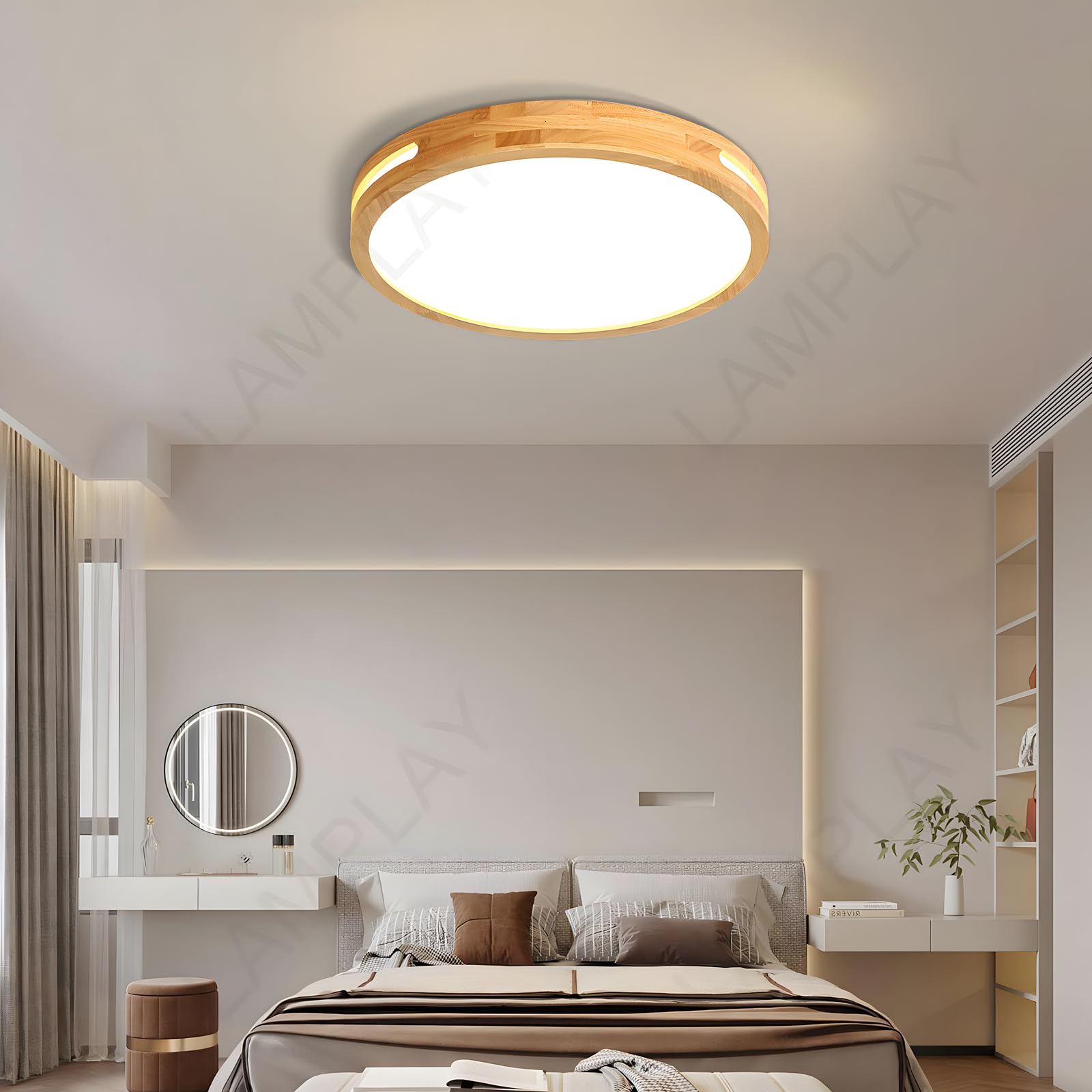 Lámpara De Techo Redonda De Madera, Ø40cm, Lámpara LED Regulable, Madera Natural Original, Control Remoto, 3000K-6000K, 30W, Diseño Hueco Lateral, Ideal Para Dormitorio Sala De Estar Estudio