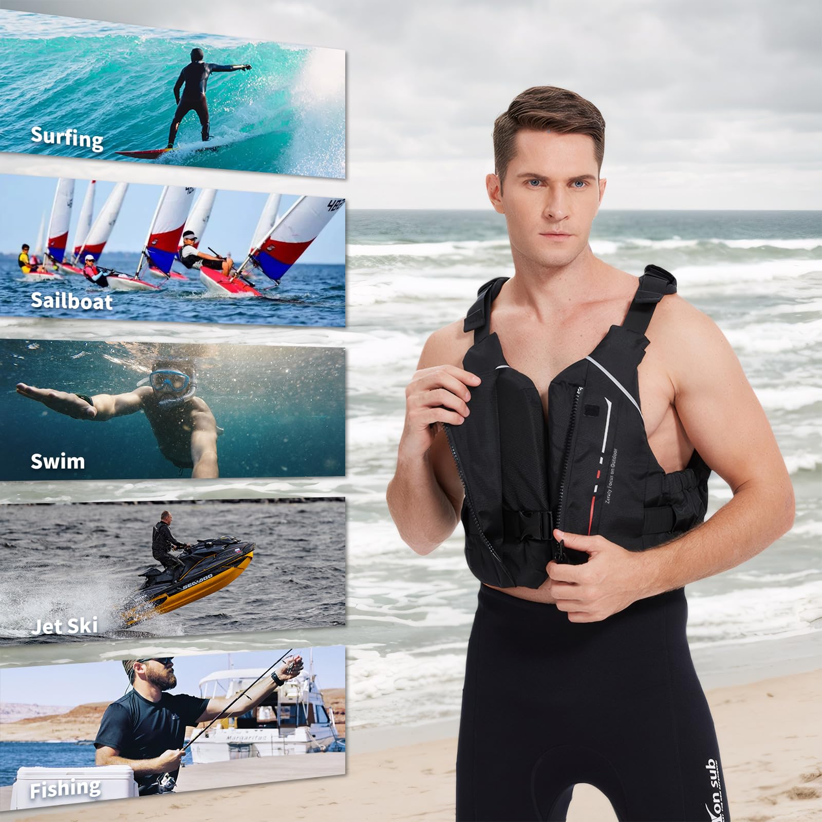 Zeraty Giacca da Nuoto per Adulti 50N Giacca Galleggiante per Pesca Vela Surf Canottaggio Kayak, Gilet da Nuoto per Sport Acquatici